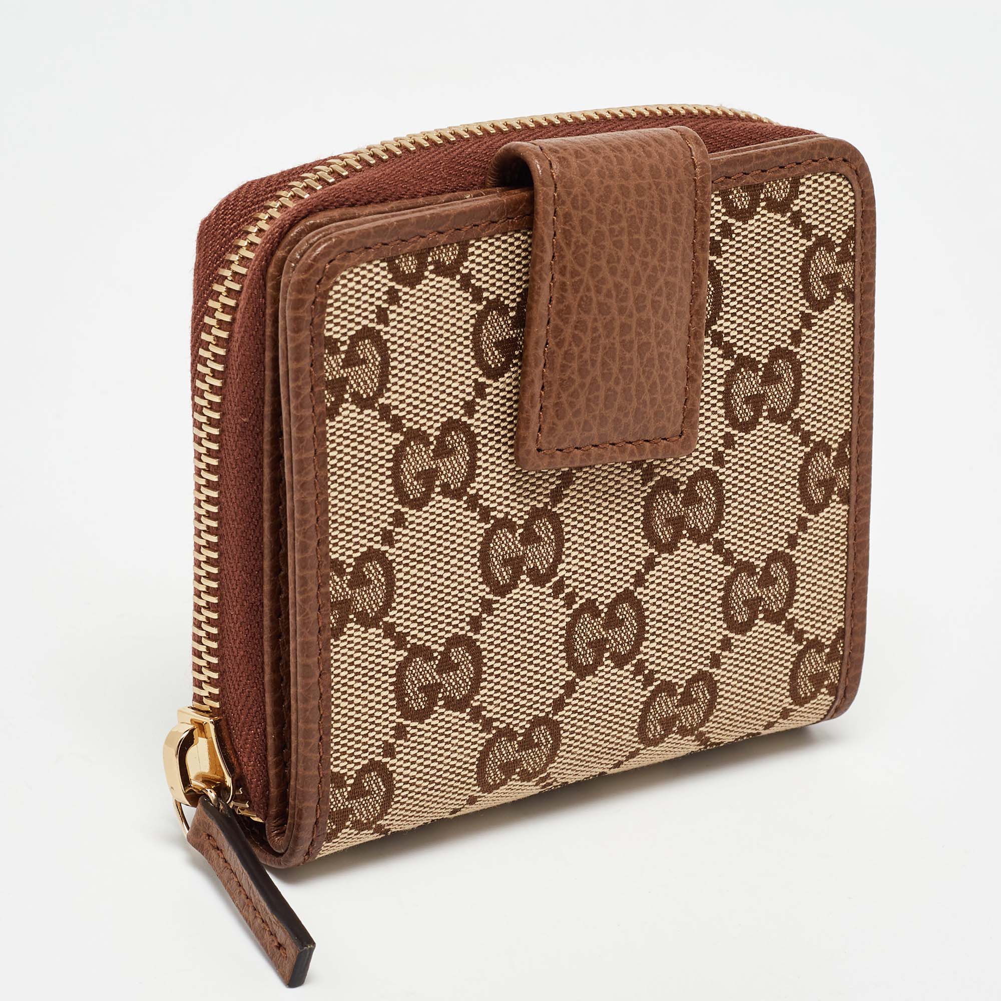 Gucci Beige/Brown GG Canvas And Leather Emblem Zip Mini Wallet