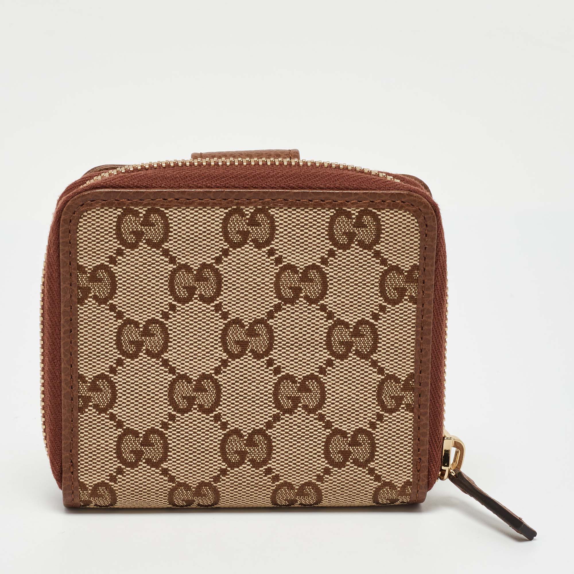 Gucci Beige/Brown GG Canvas And Leather Emblem Zip Mini Wallet