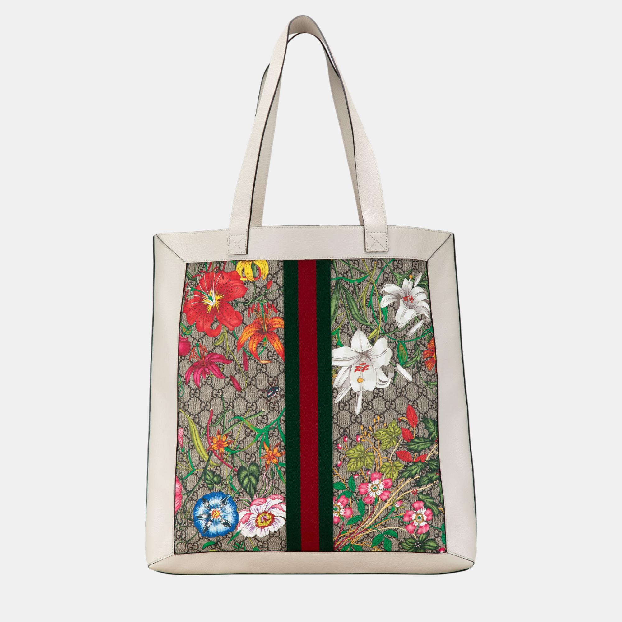 Gucci Multicolor/White GG Supreme Flora Ophidia Tote