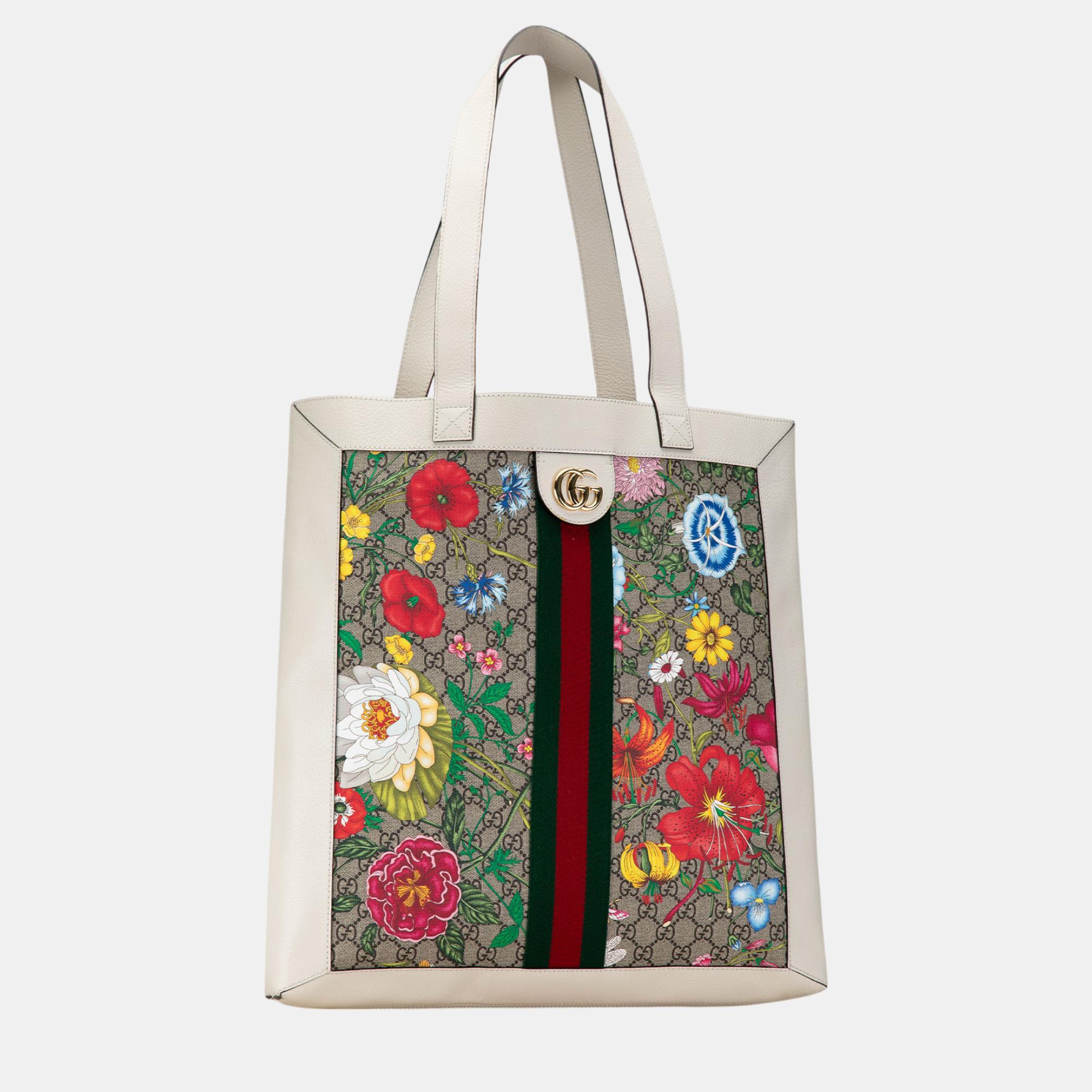 Gucci Multicolor/White GG Supreme Flora Ophidia Tote