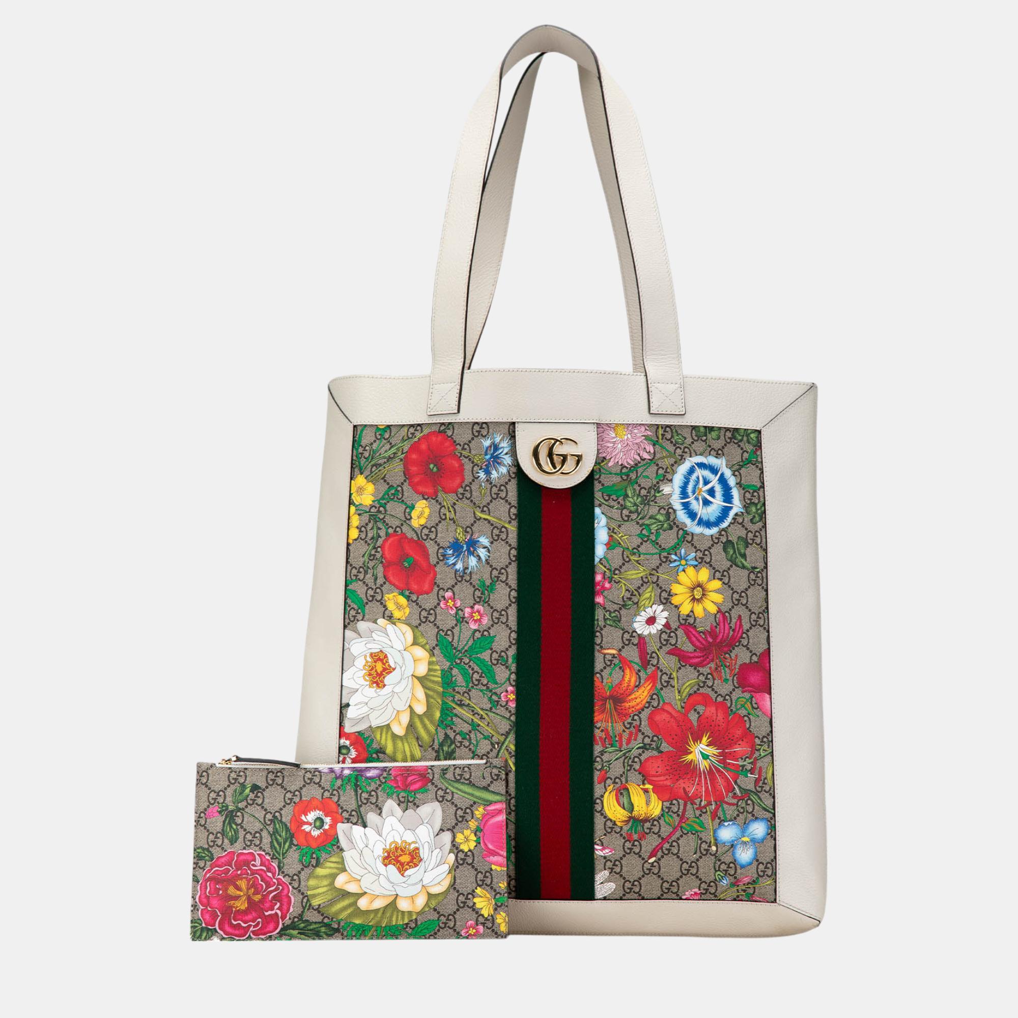 Gucci Multicolor/White GG Supreme Flora Ophidia Tote