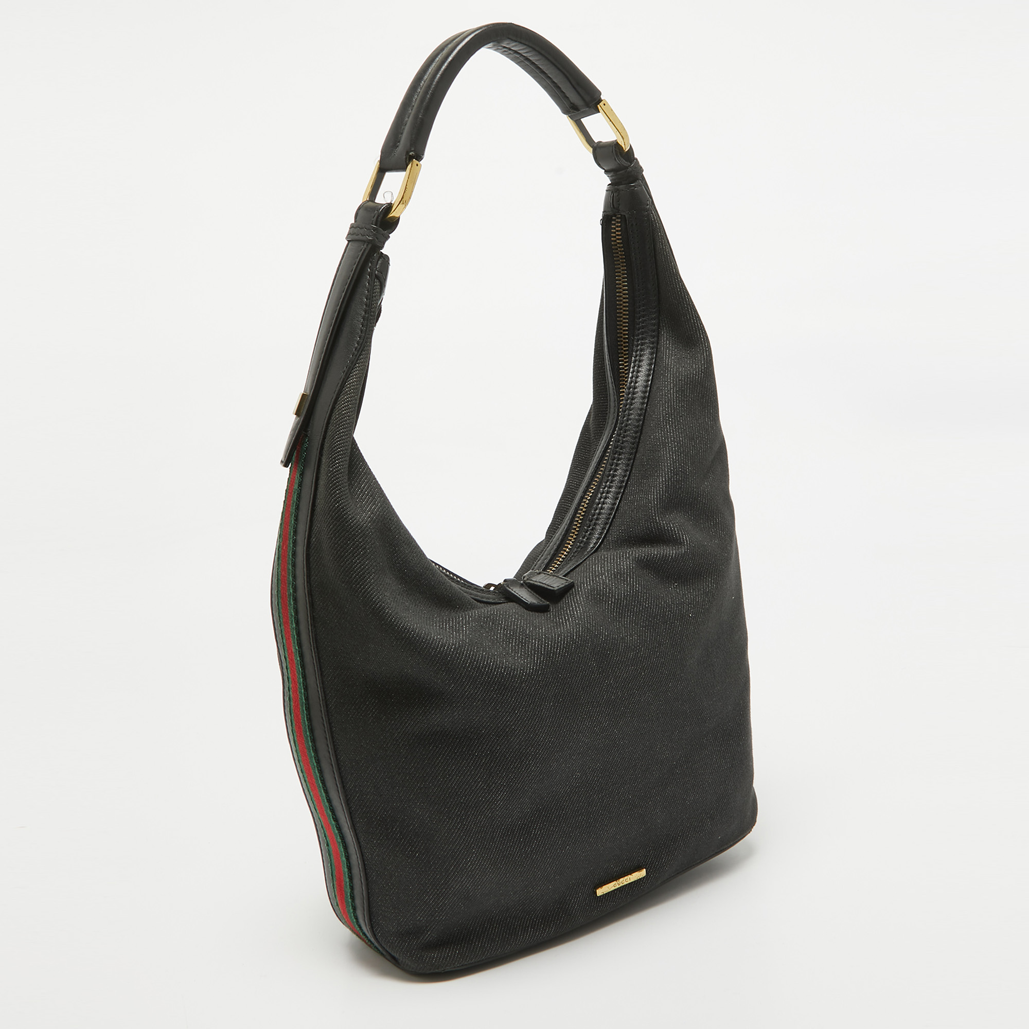 Gucci Black Denim And Leather Web Hobo