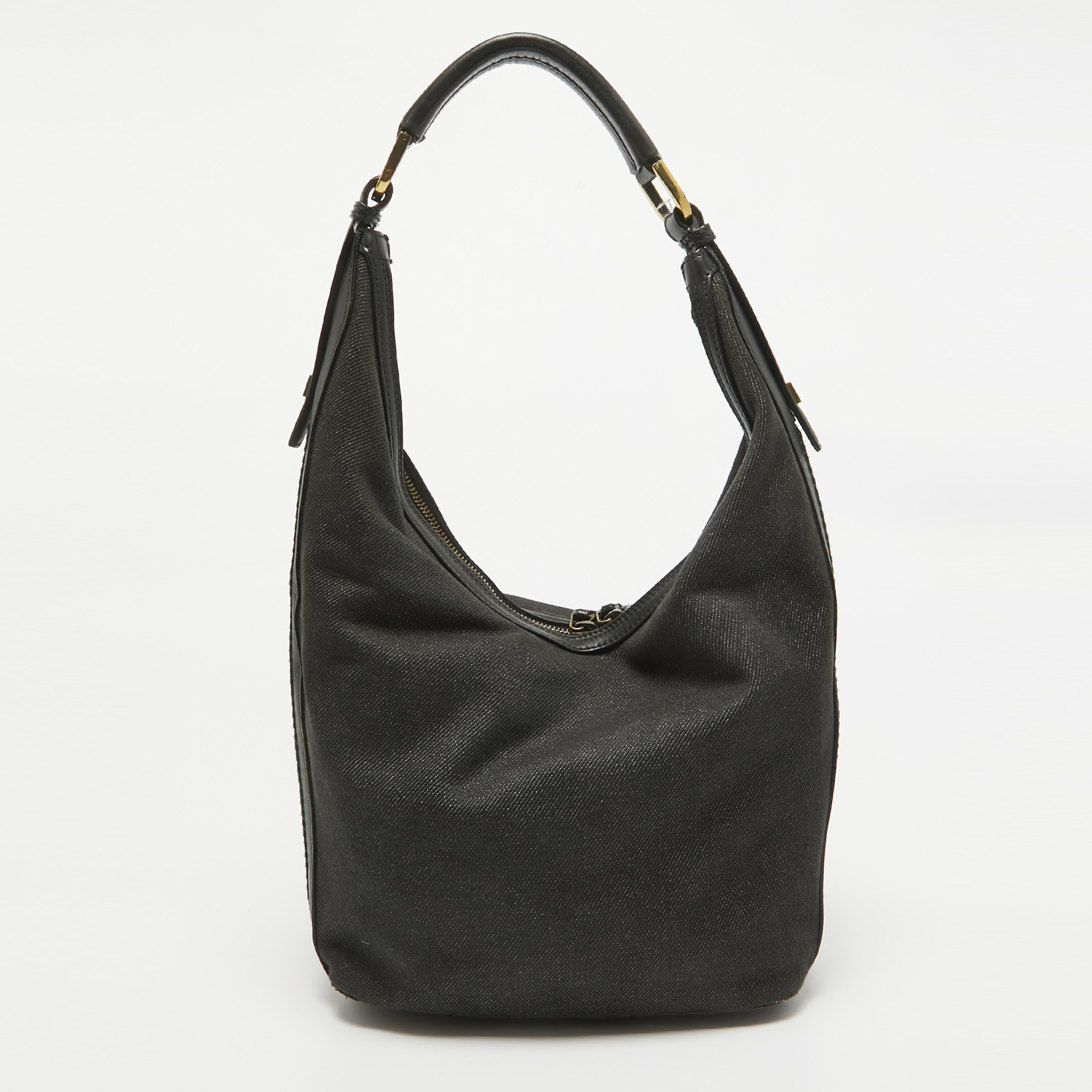 Gucci Black Denim And Leather Web Hobo