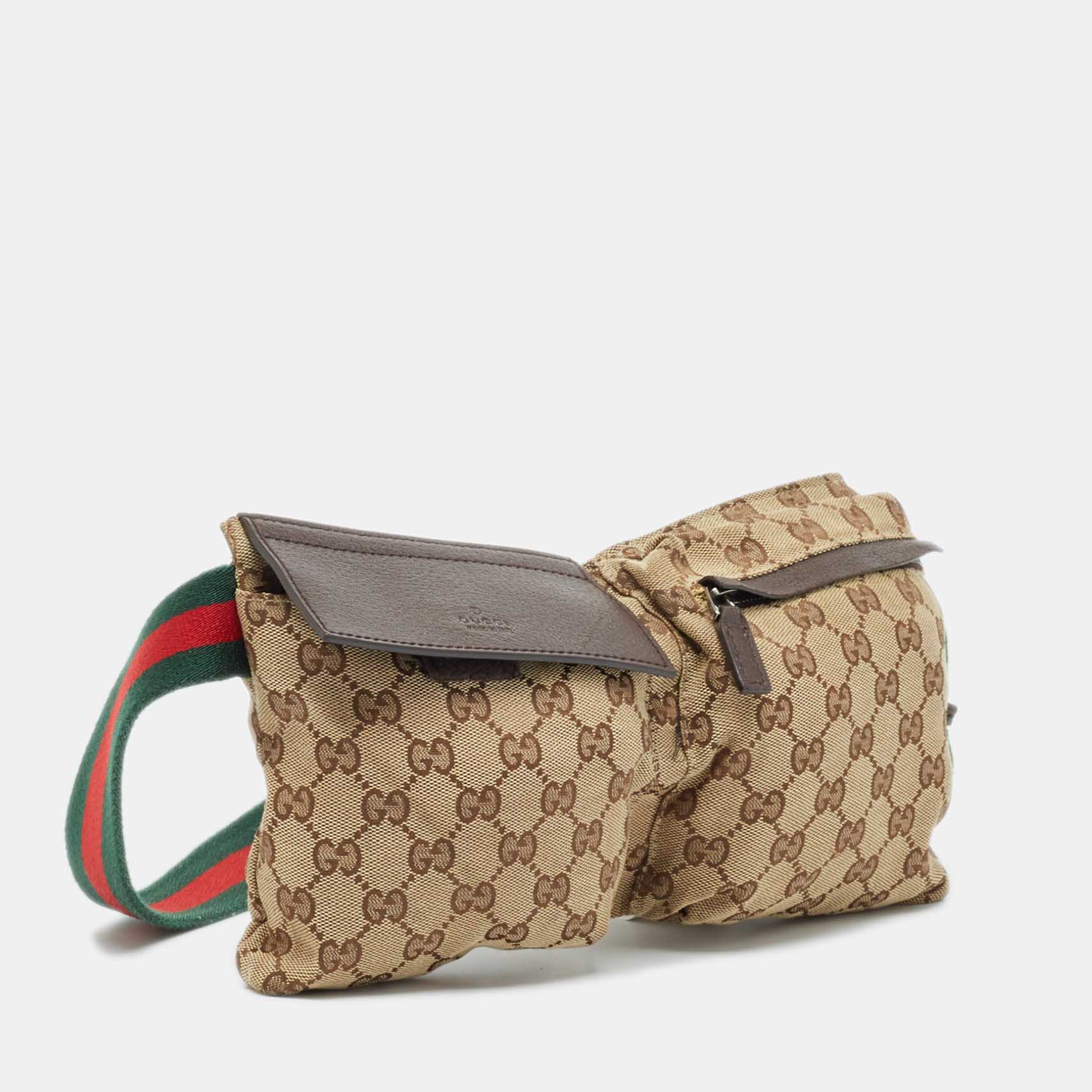 Gucci Beige/Brown GG Canvas And Leather Double Pocket Belt Bag