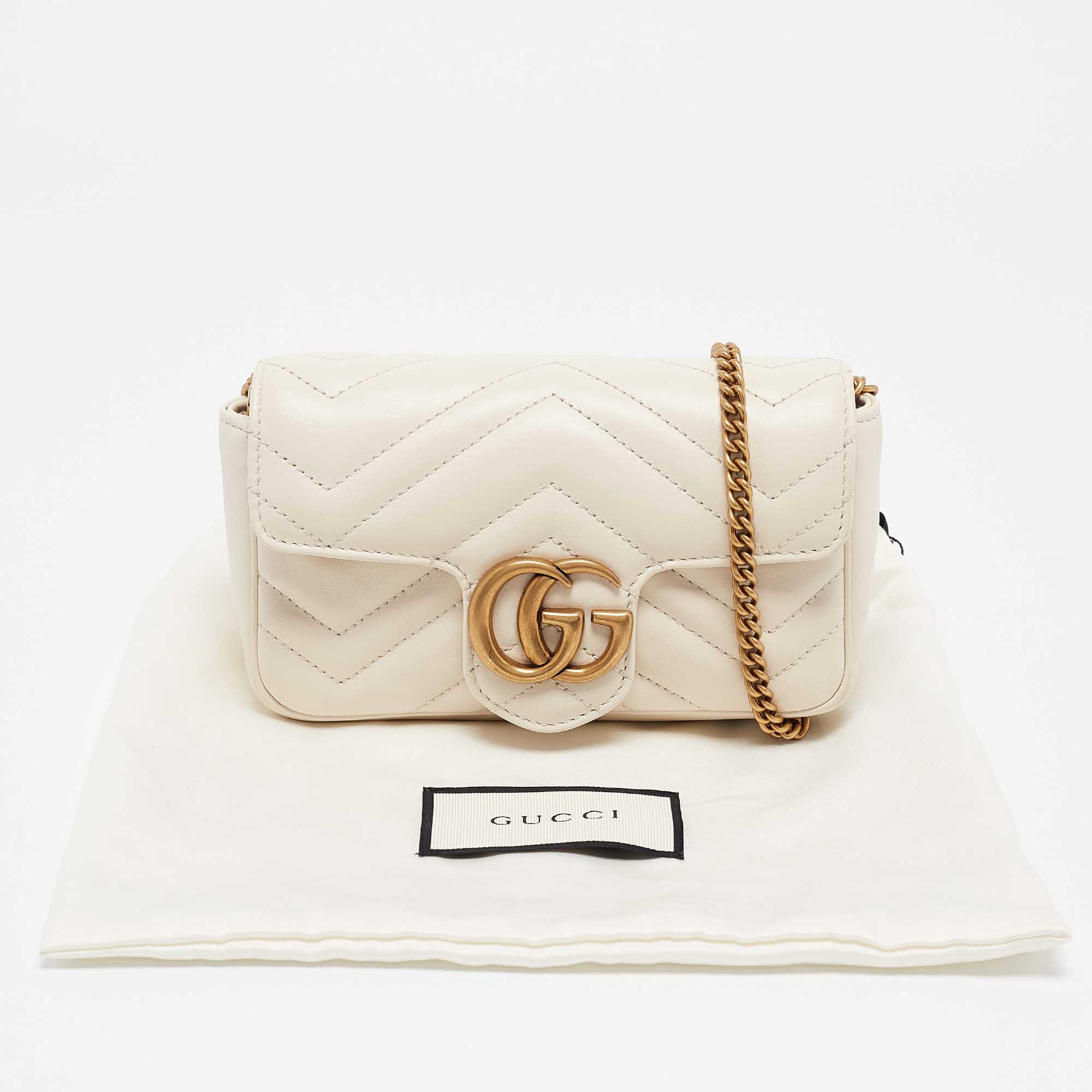 Gucci Off White Matelassé Leather Super Mini GG Marmont Shoulder Bag