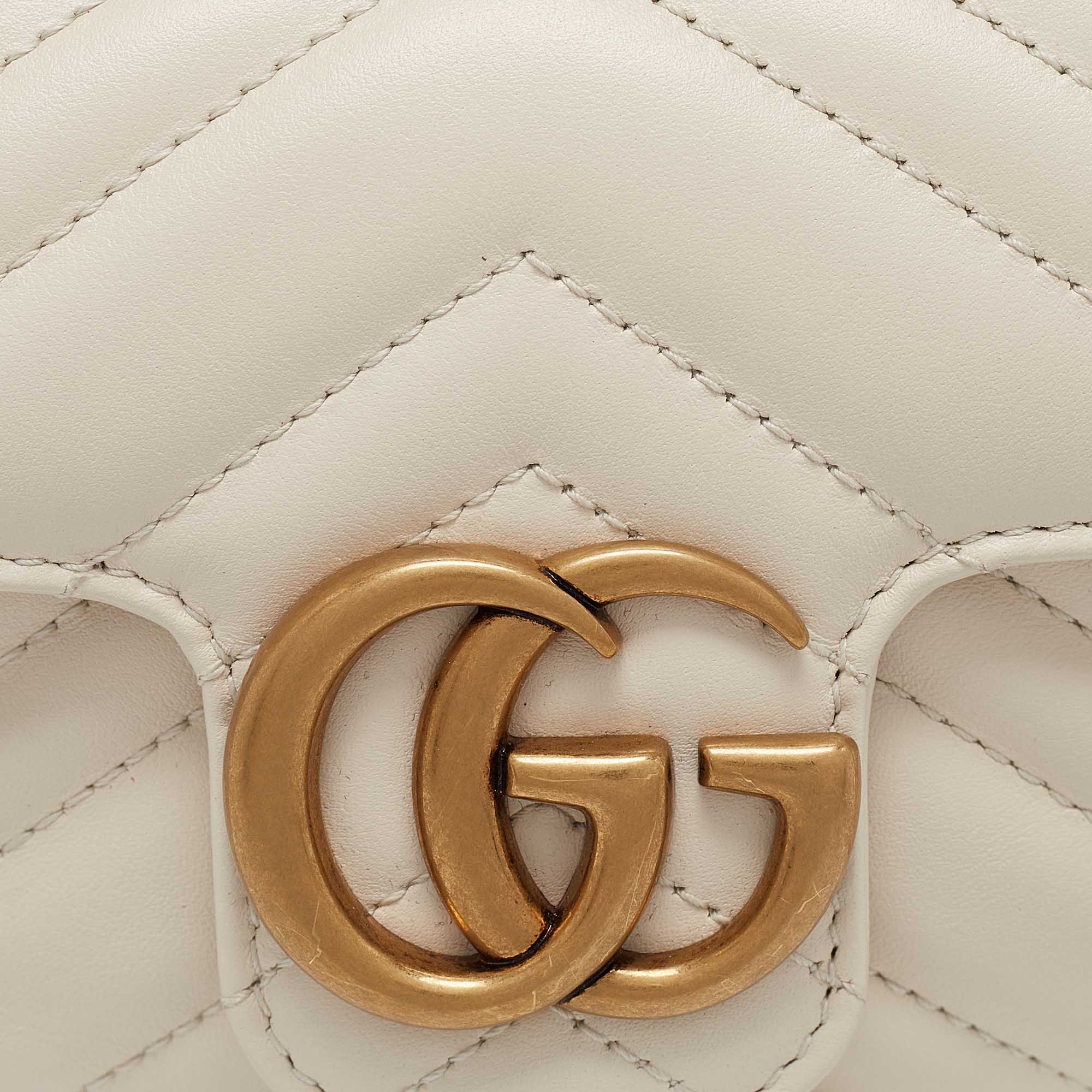 Gucci Off White Matelassé Leather Super Mini GG Marmont Shoulder Bag