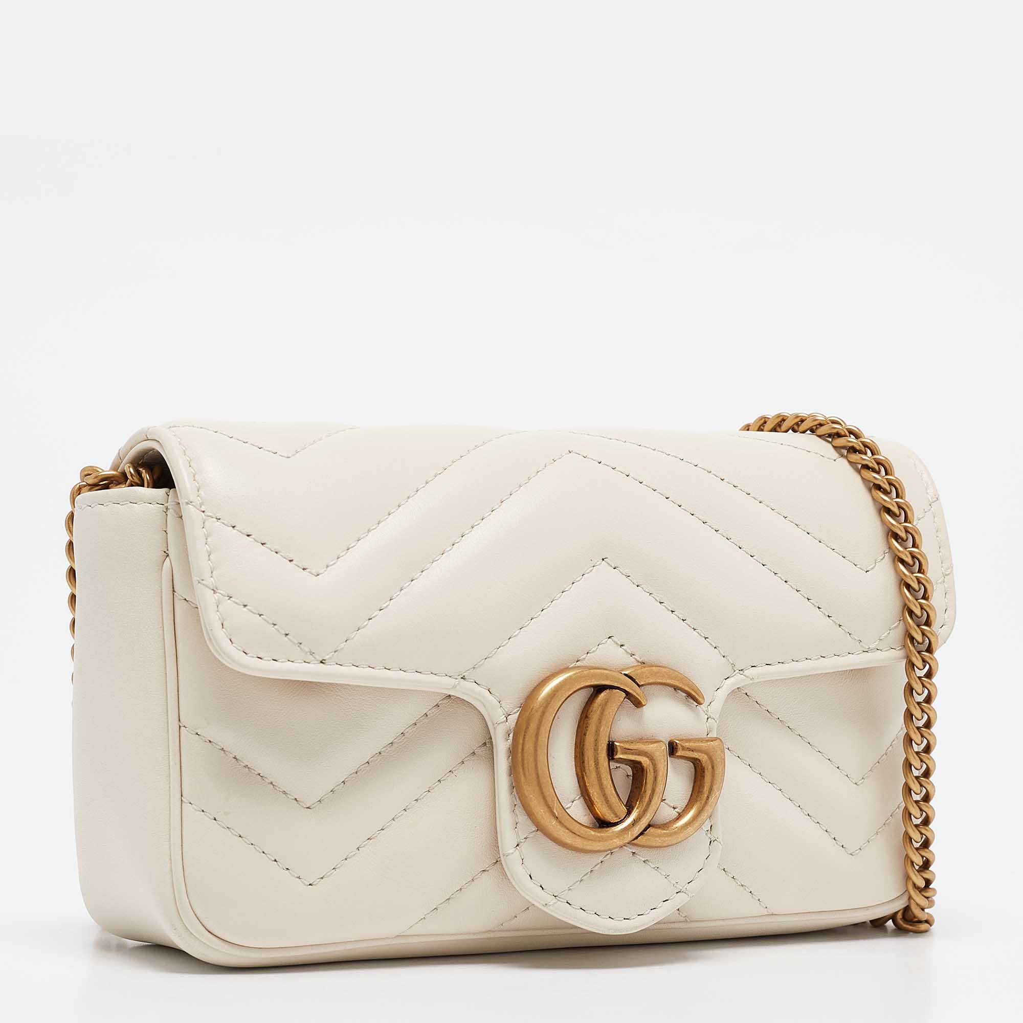 Gucci Off White Matelassé Leather Super Mini GG Marmont Shoulder Bag