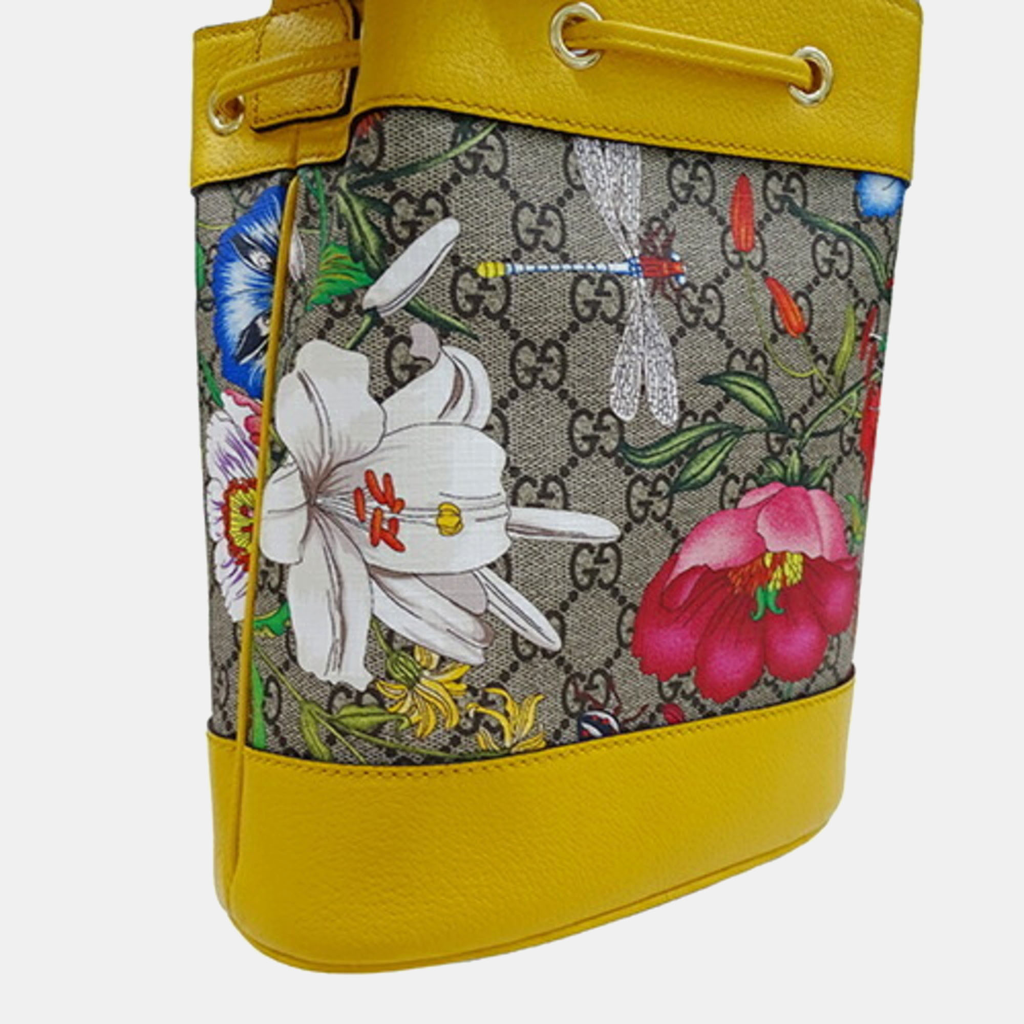 Gucci Yellow Multi Supreme Canvas GG Flora Small Bucket Handbag