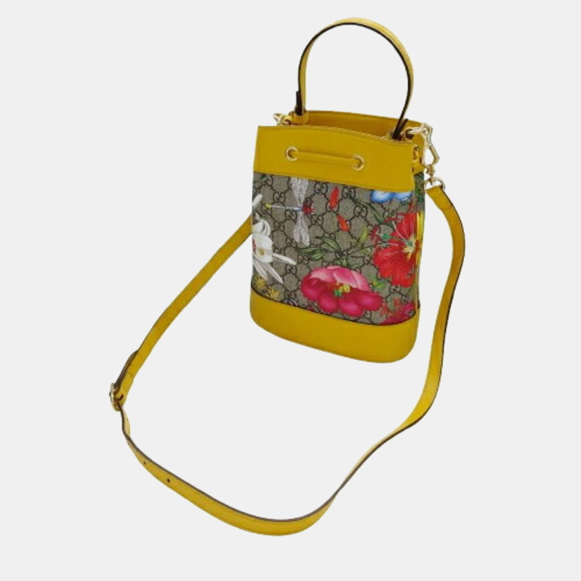 Gucci Yellow Multi Supreme Canvas GG Flora Small Bucket Handbag