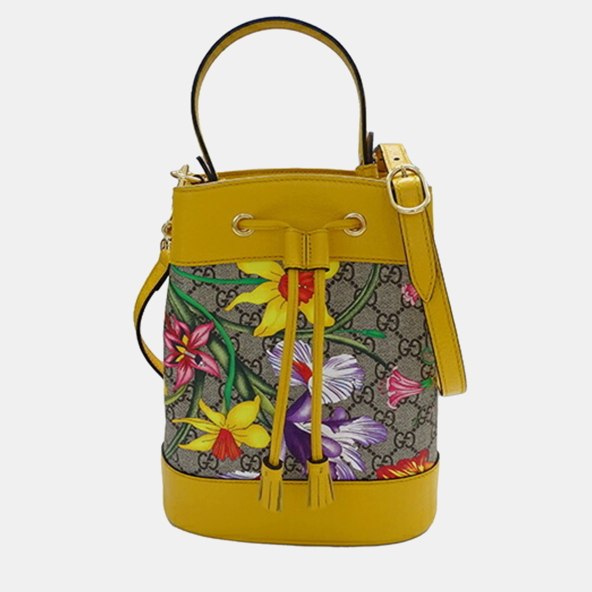 Gucci Yellow Multi Supreme Canvas GG Flora Small Bucket Handbag