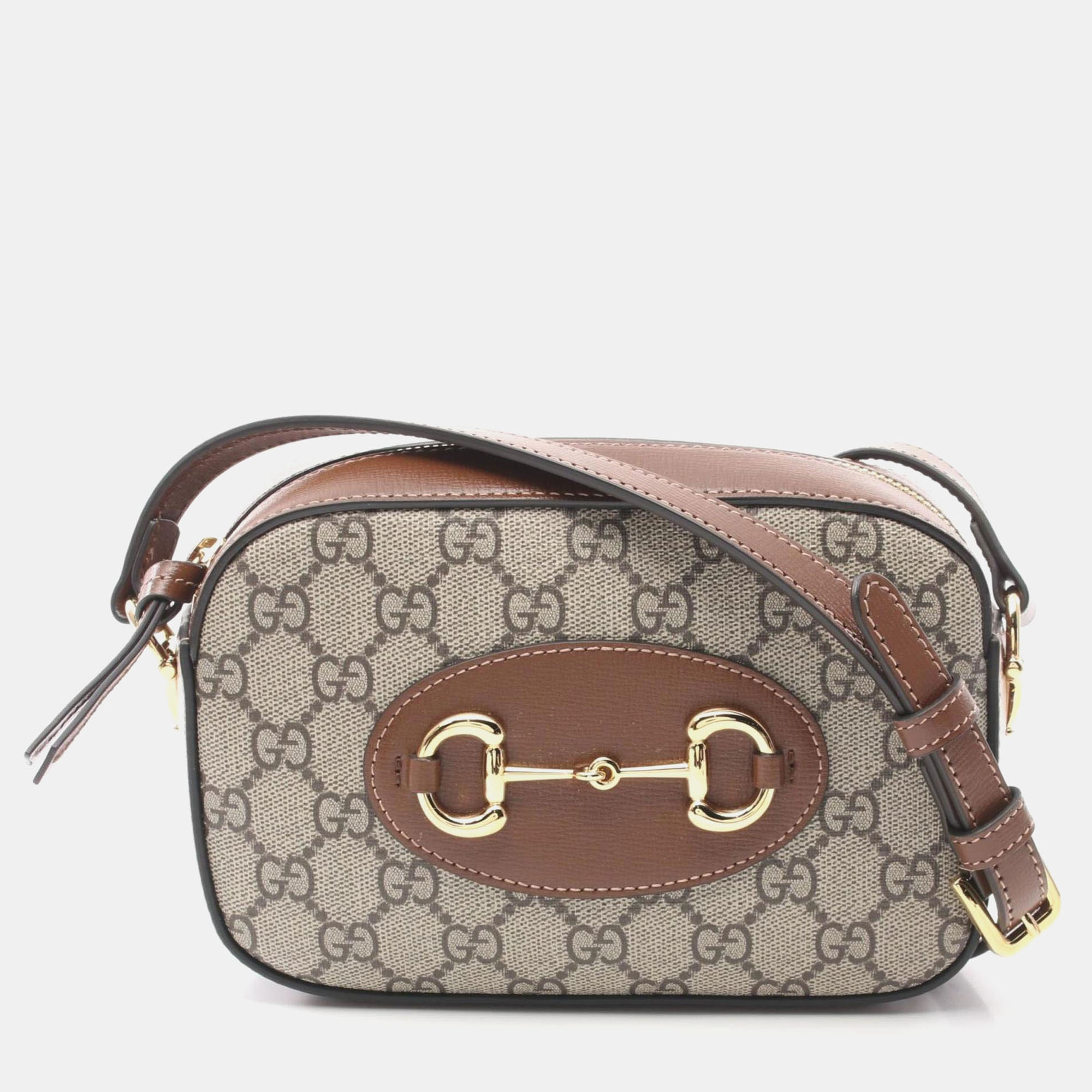 Gucci Coated Canvas Leather Beige Brown Horsebit 1955 Shoulder Bag