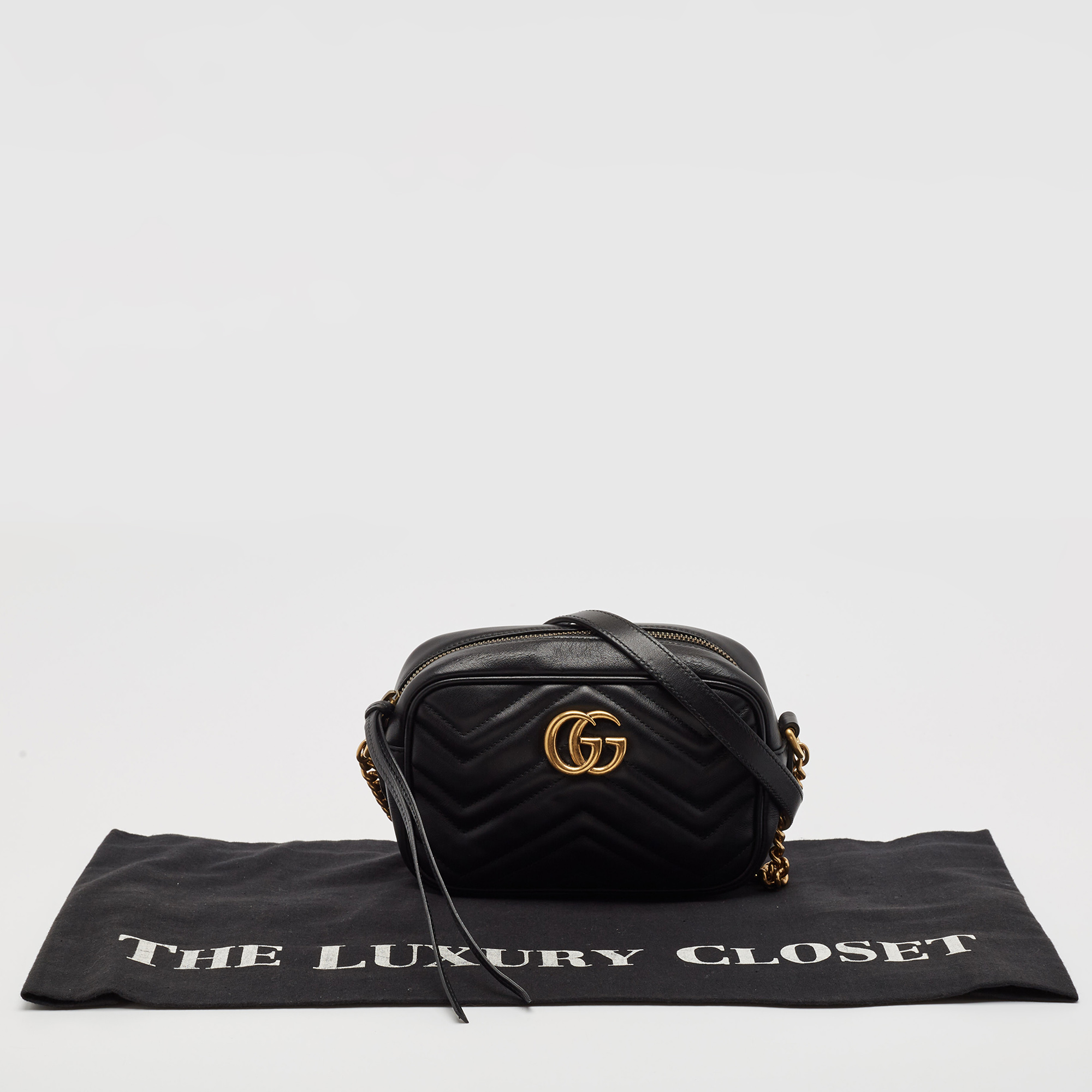 Gucci Black Matelassé Leather Mini GG Marmont Crossbody Bag