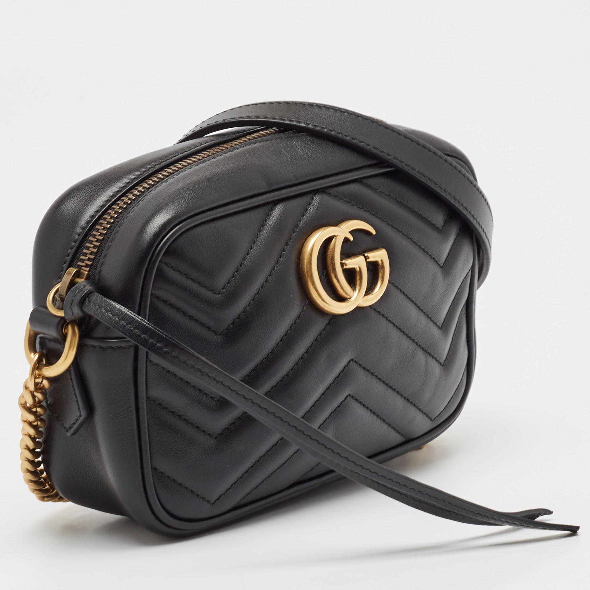 Gucci Black Matelassé Leather Mini GG Marmont Crossbody Bag