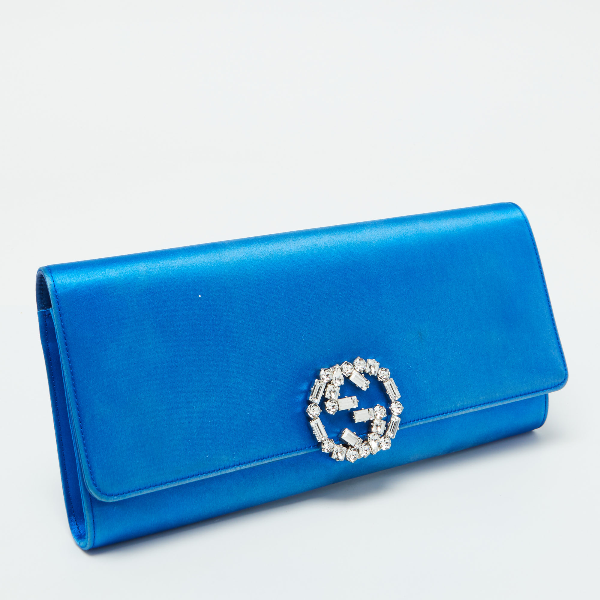 Gucci Blue Satin Crystal Embellished Interlocking G Broadway Clutch