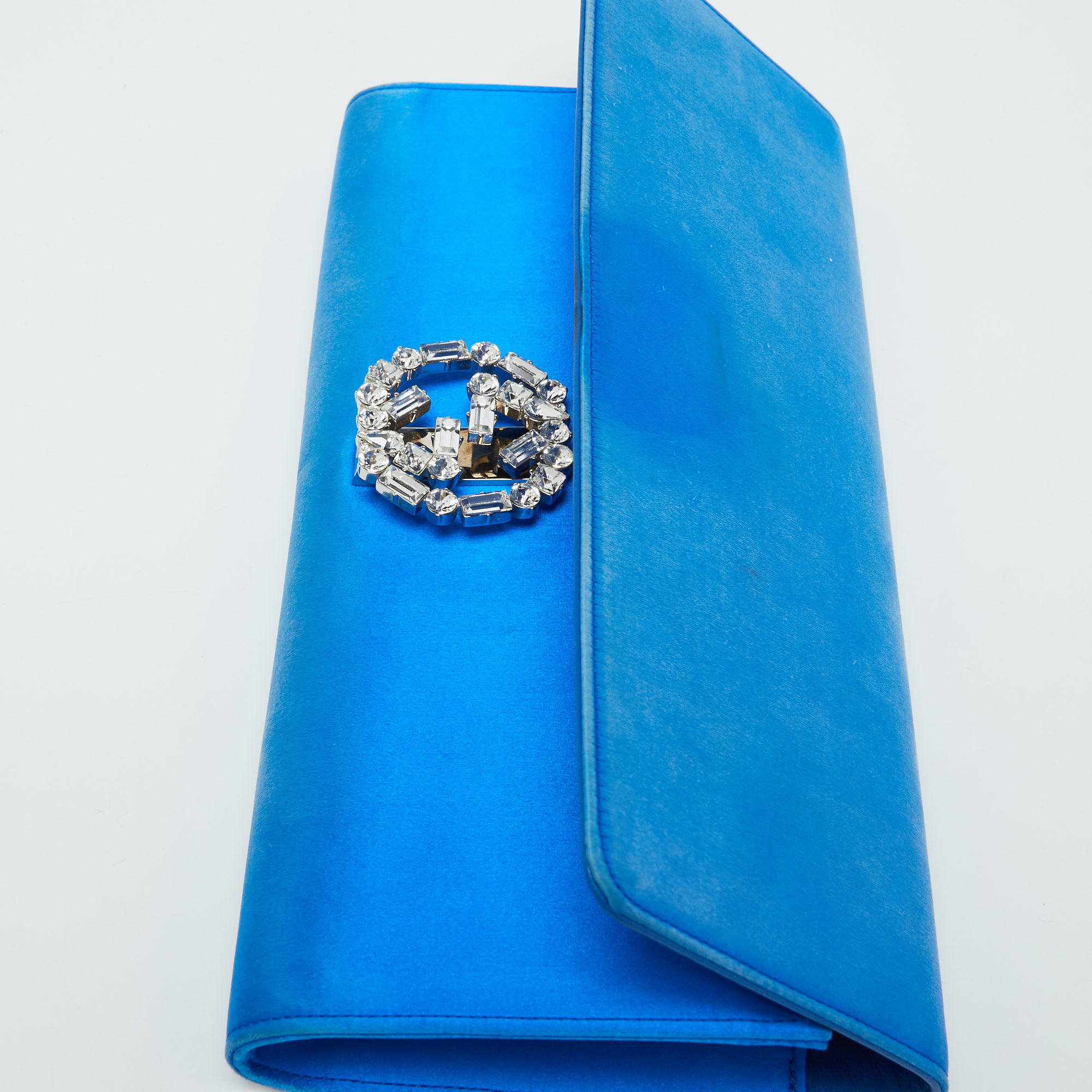 Gucci Blue Satin Crystal Embellished Interlocking G Broadway Clutch