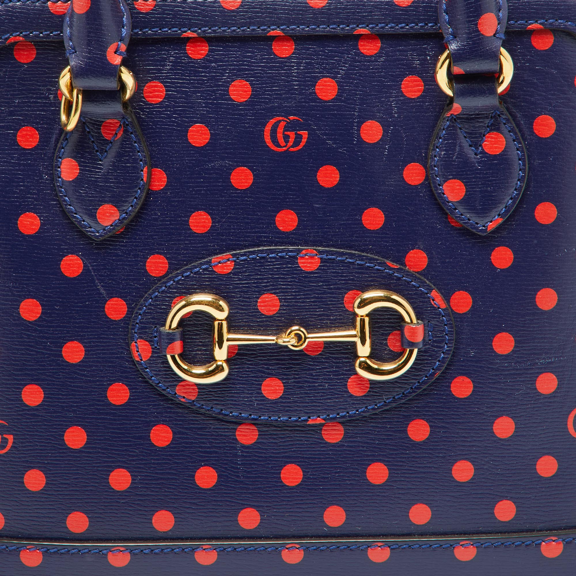 Gucci Navy Blue/Red Polka Dot Leather Horsebit 1955 Bag