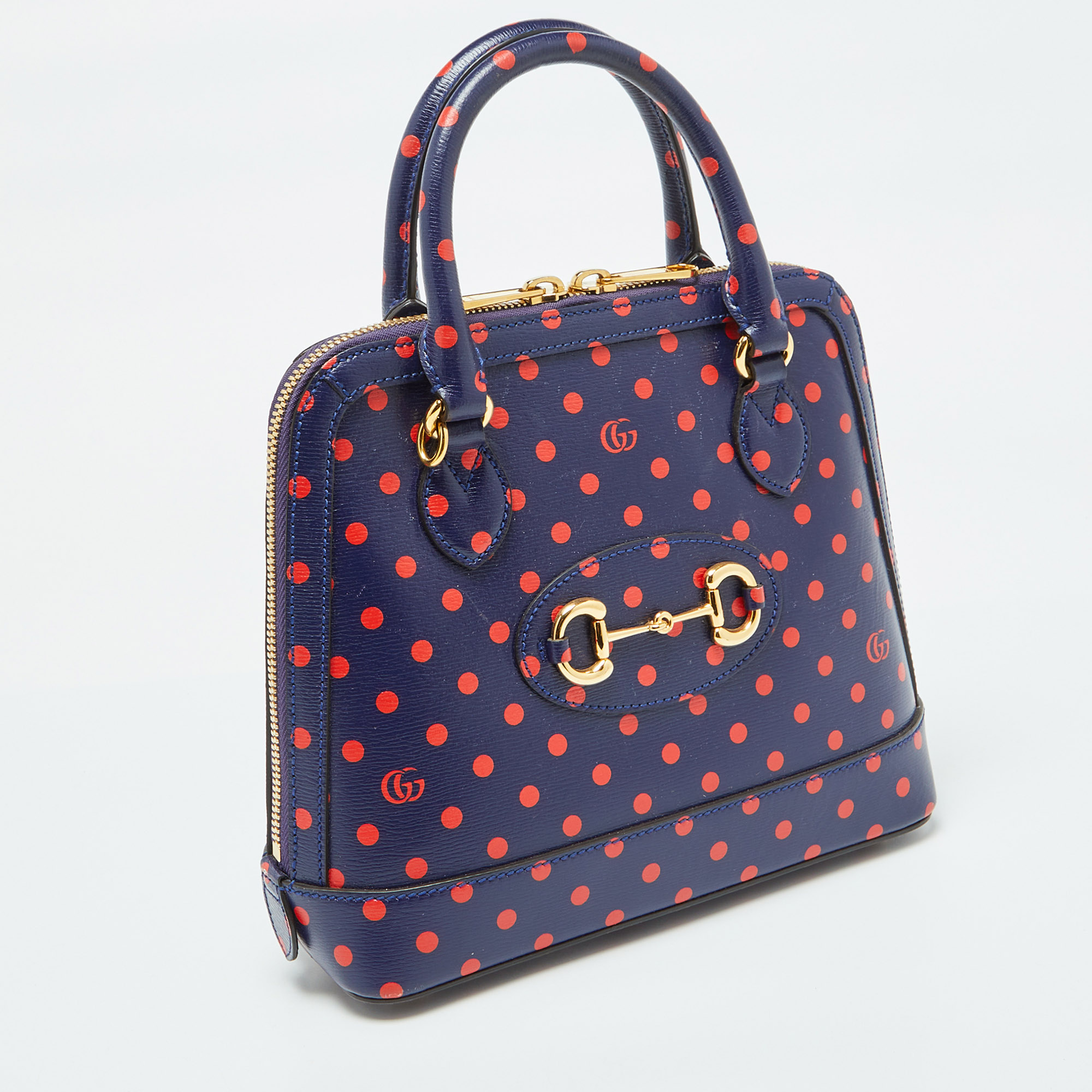 Gucci Navy Blue/Red Polka Dot Leather Horsebit 1955 Bag