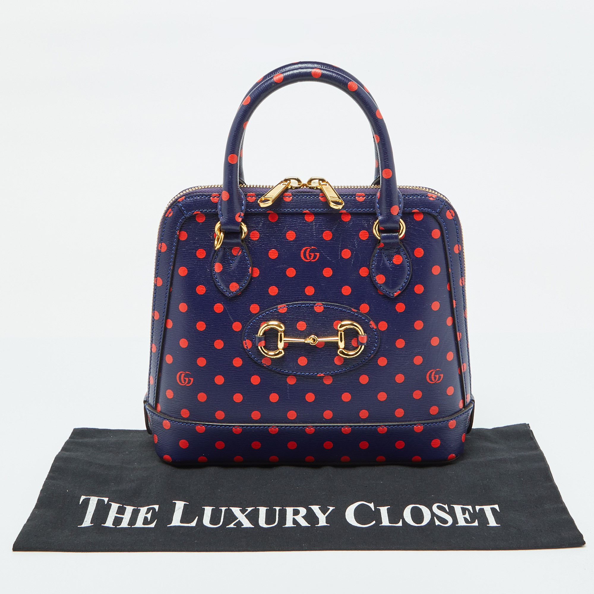 Gucci Navy Blue/Red Polka Dot Leather Horsebit 1955 Bag