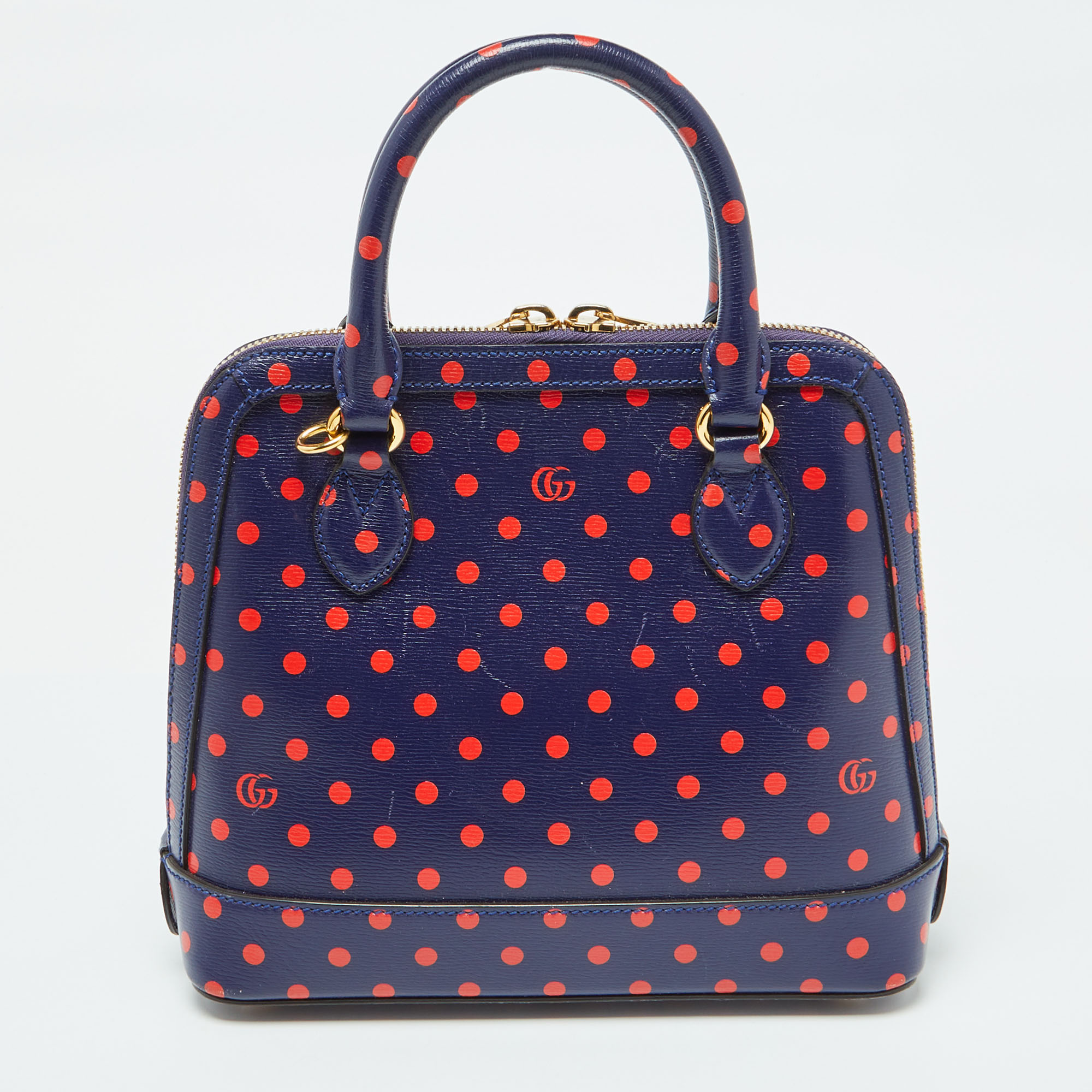 Gucci Navy Blue/Red Polka Dot Leather Horsebit 1955 Bag