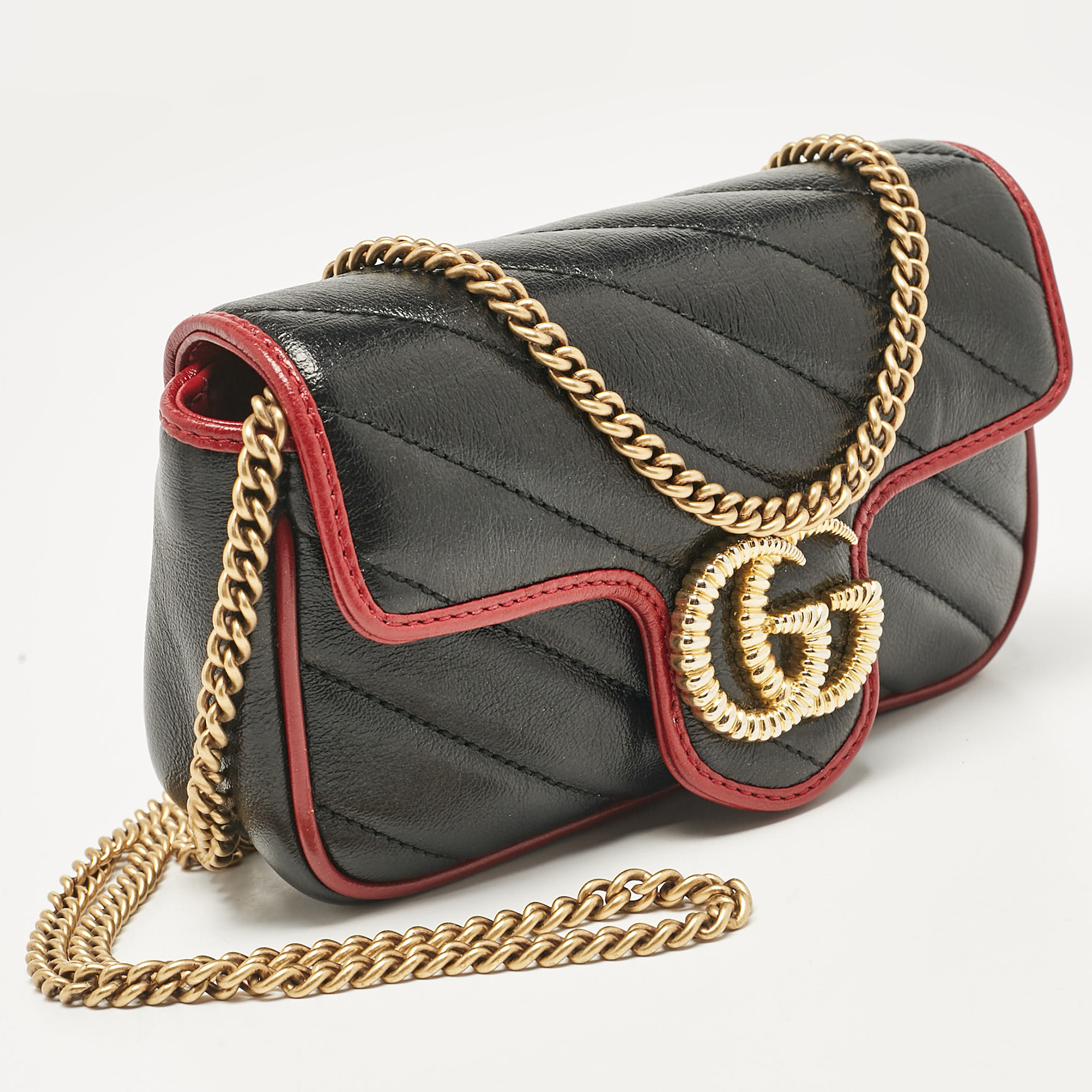 Gucci Black/Red Matelasse Leather Super Mini GG Marmont Torchon Shoulder Bag