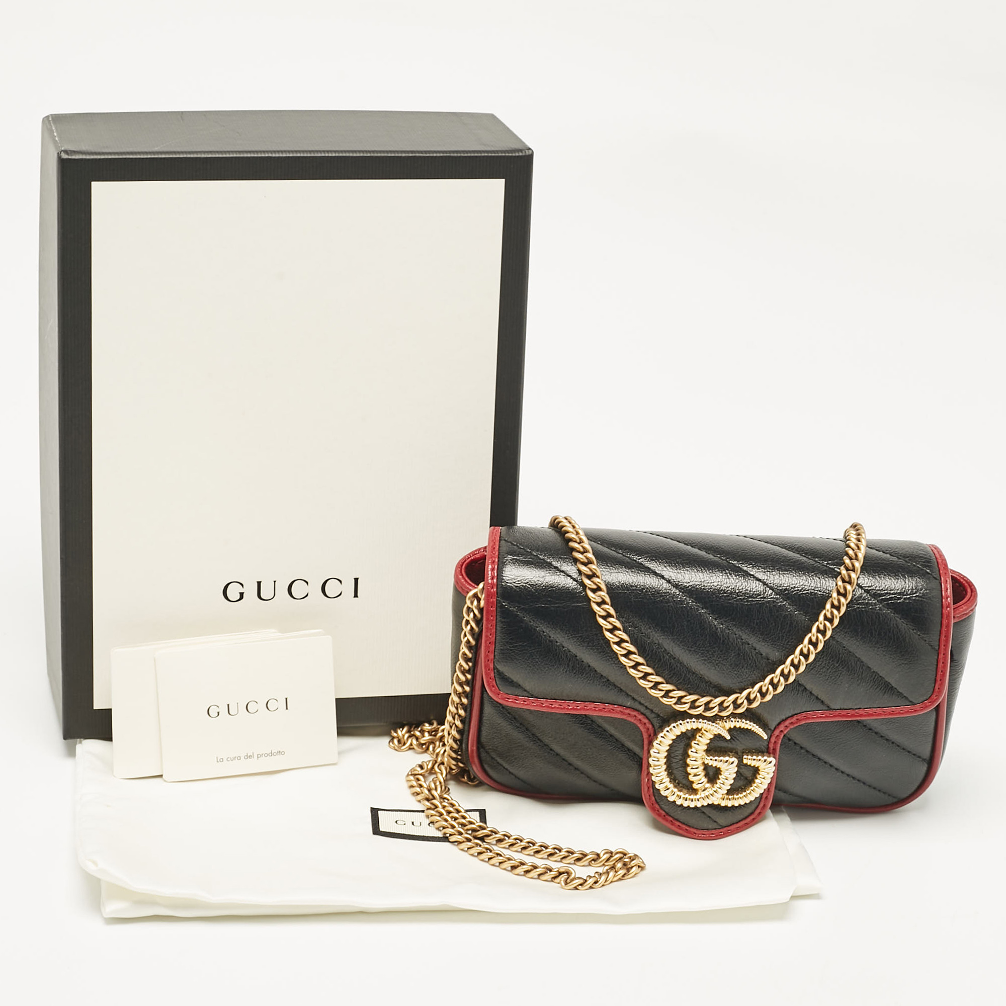 Gucci Black/Red Matelasse Leather Super Mini GG Marmont Torchon Shoulder Bag