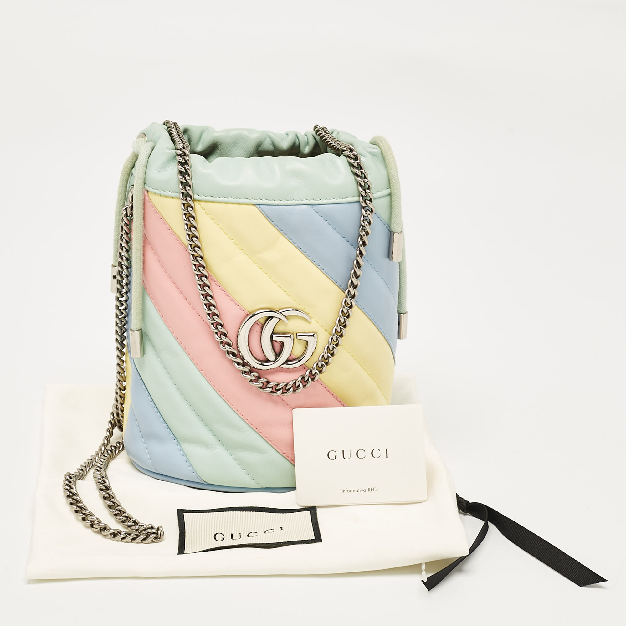 Gucci Multicolor Diagonal Leather Mini GG Marmont Bucket Bag