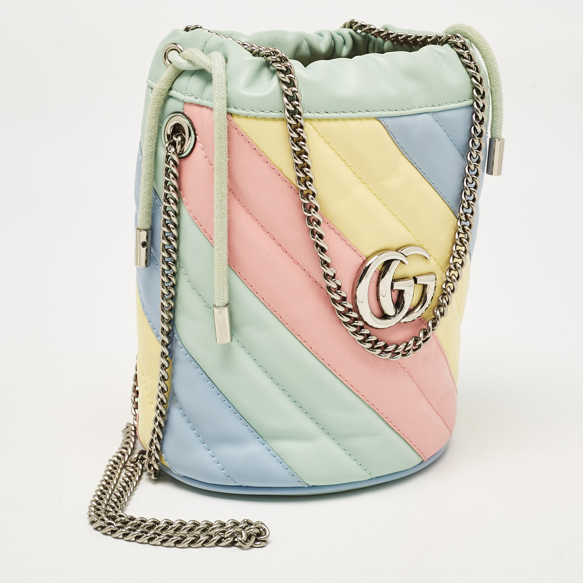 Gucci Multicolor Diagonal Leather Mini GG Marmont Bucket Bag