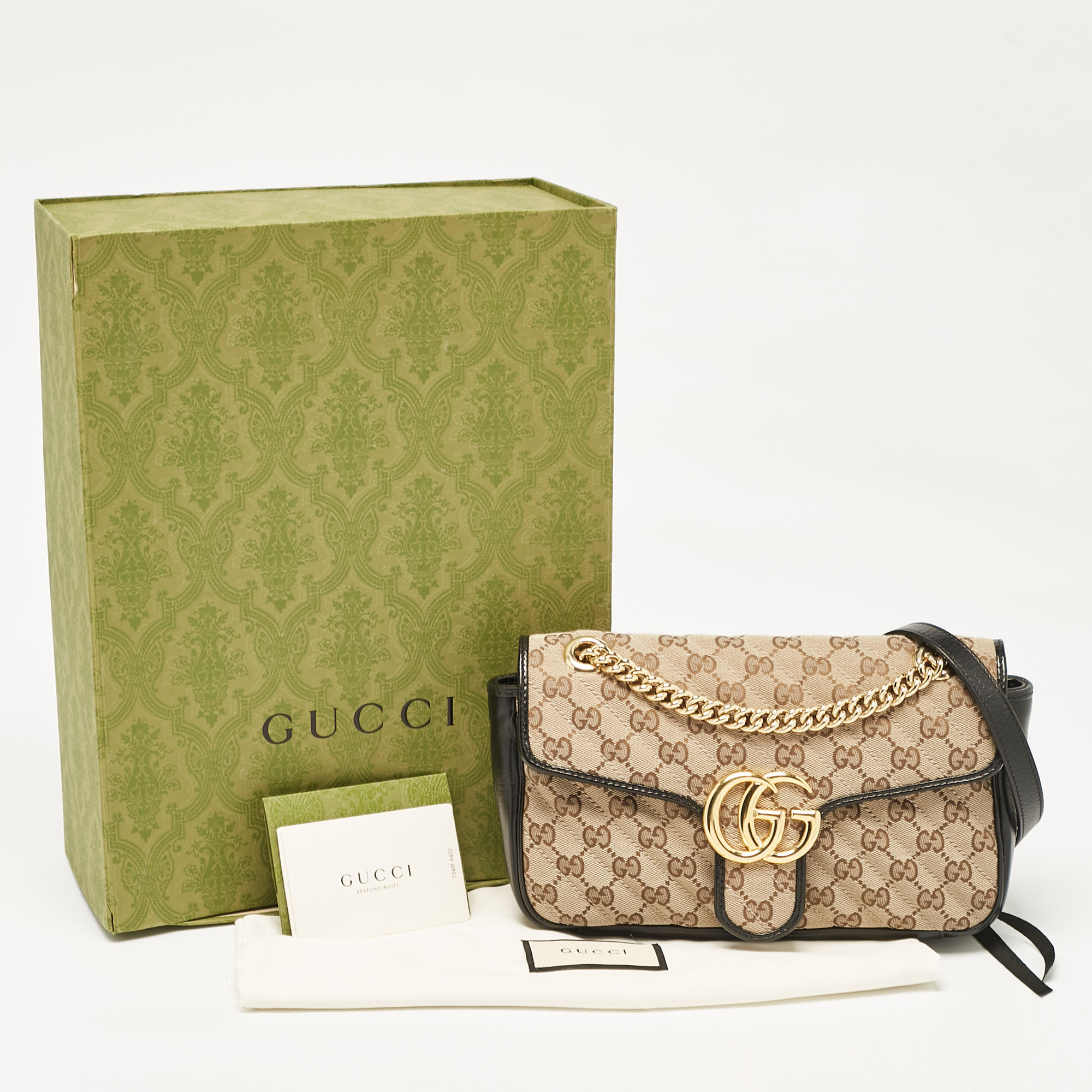 Gucci Beige/Black Diagonal Quilted GG Canvas And Leather Small GG Marmont Shoulder Bag