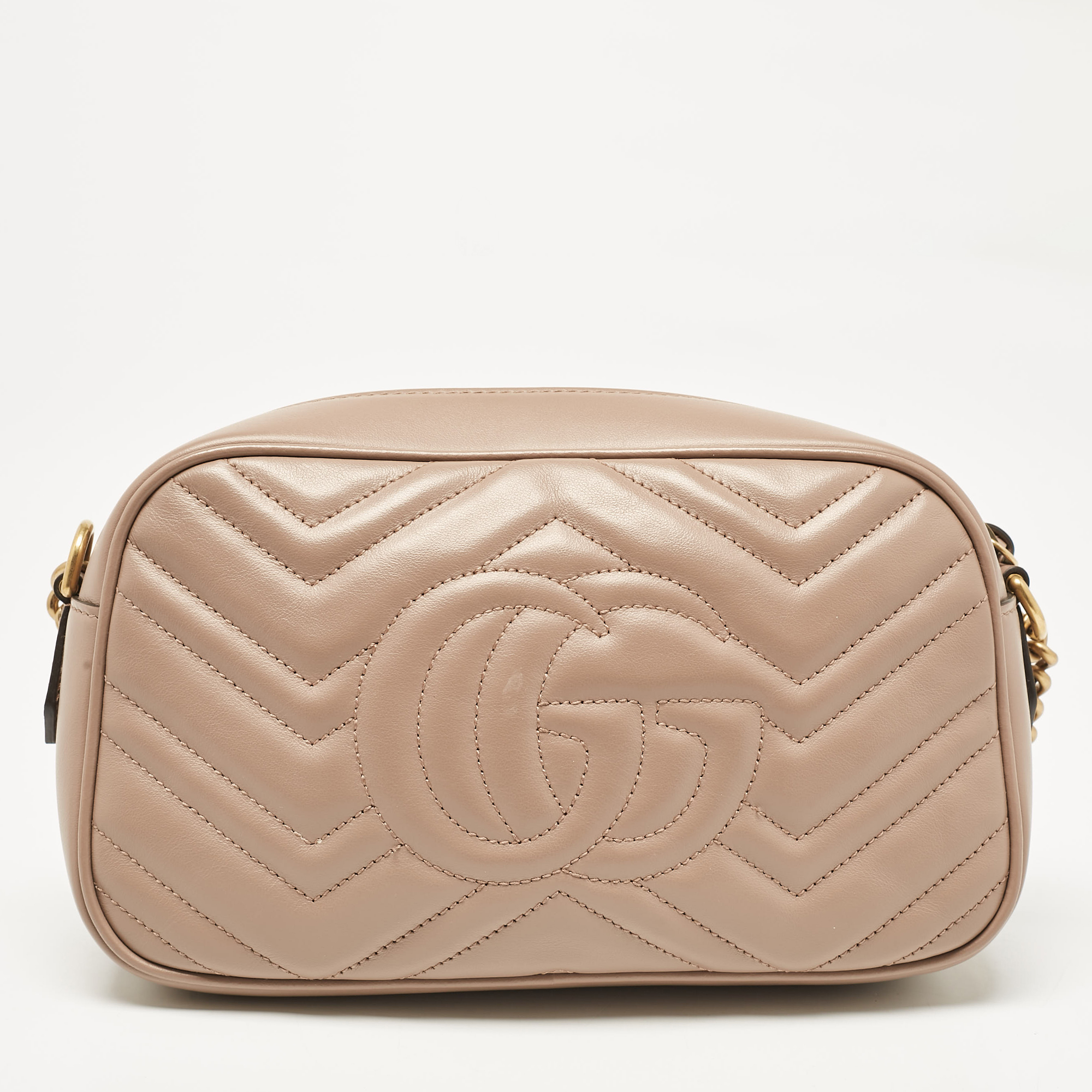 Gucci Beige Matelassé Leather Small GG Marmont Camera Shoulder Bag