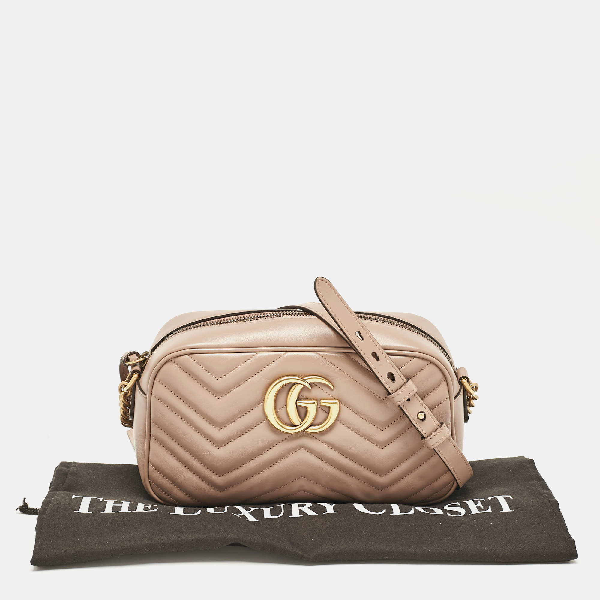 Gucci Beige Matelassé Leather Small GG Marmont Camera Shoulder Bag