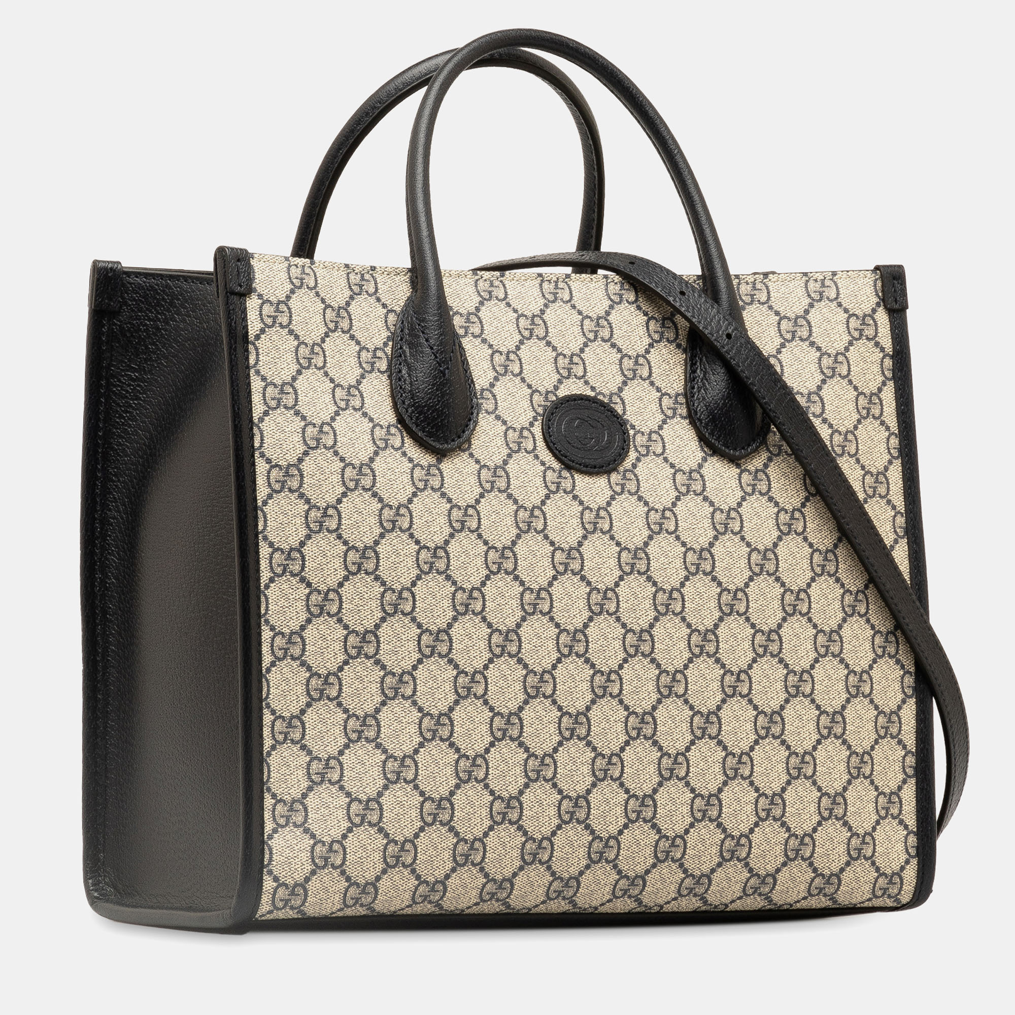 Gucci Beige Black Coated Canvas And Fabric Gucci Small GG Supreme Interlocking G Tote