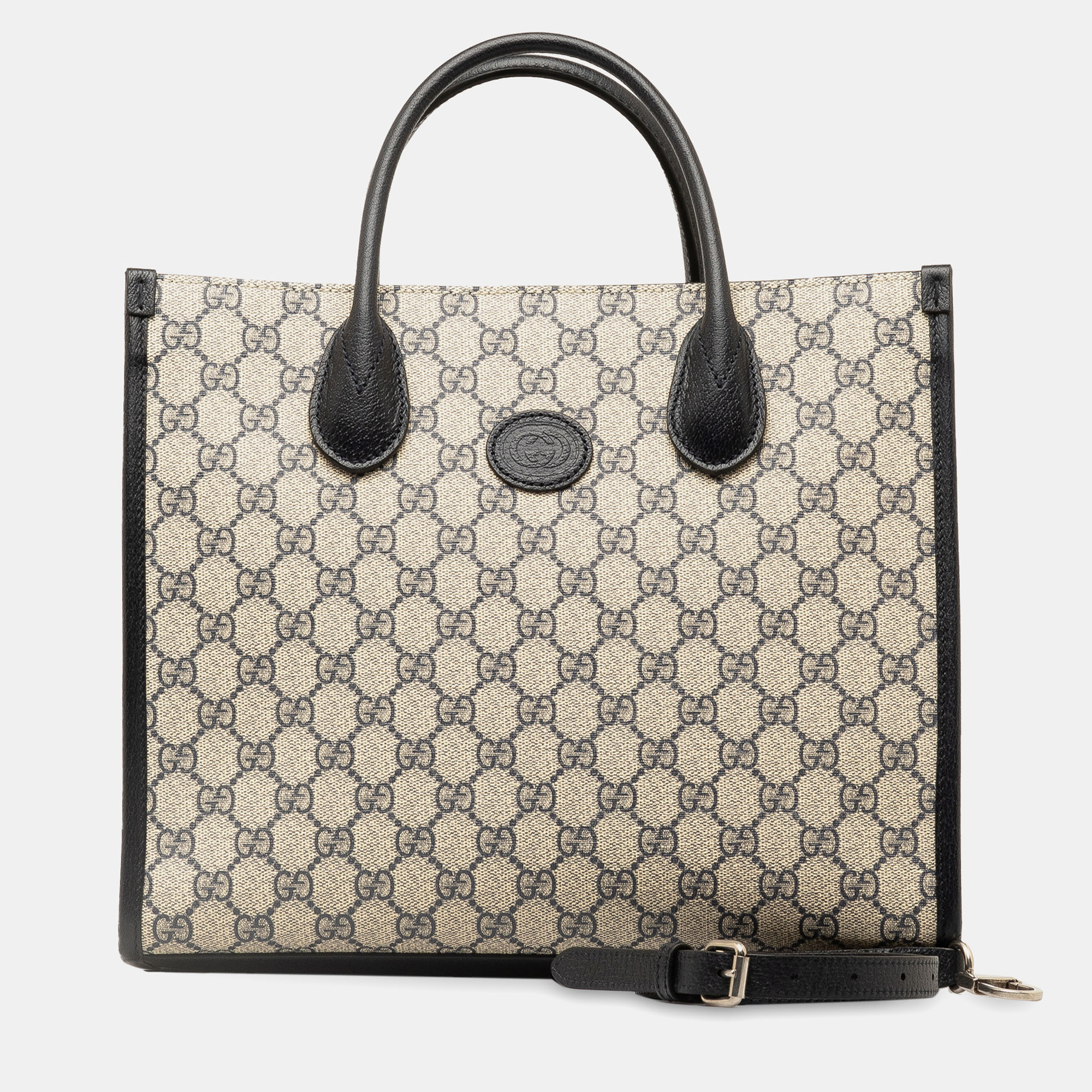 Gucci Beige Black Coated Canvas And Fabric Gucci Small GG Supreme Interlocking G Tote