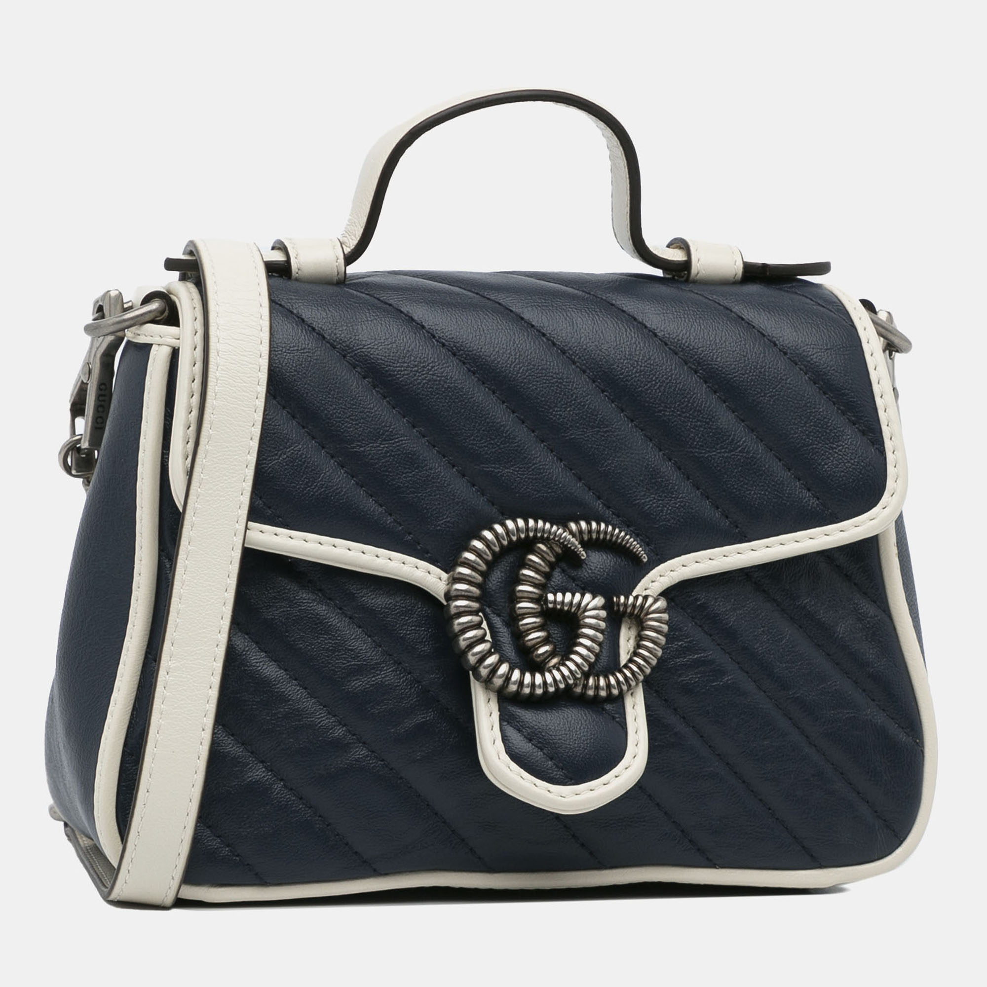 Gucci Blue Calf Leather Mini GG Marmont Torchon Top Handle Bag