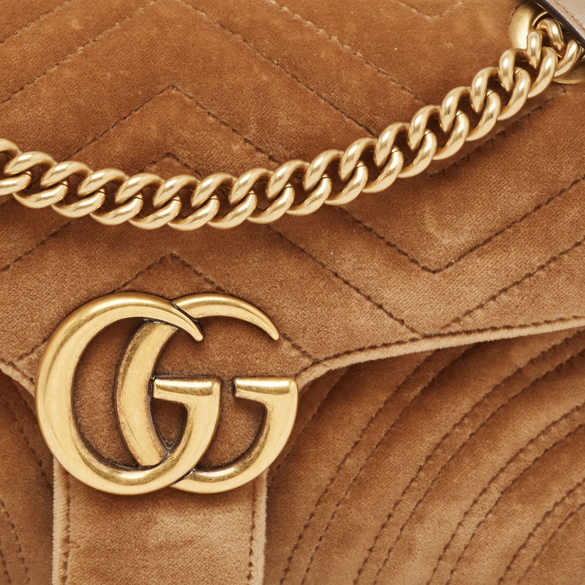 Gucci Beige Matelassé Velvet And Leather Small GG Marmont Shoulder Bag