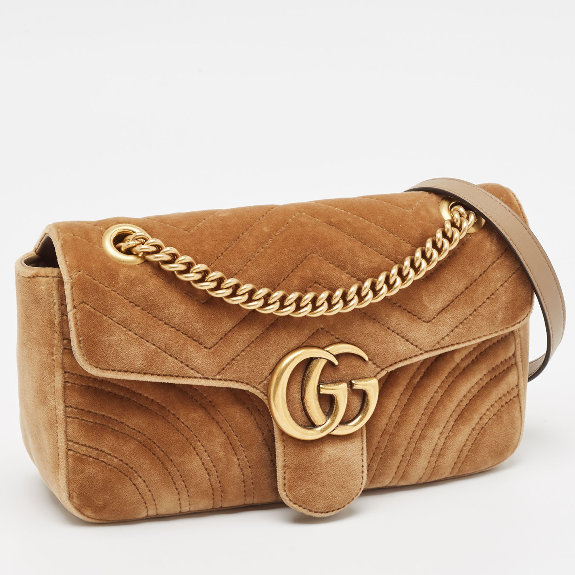 Gucci Beige Matelassé Velvet And Leather Small GG Marmont Shoulder Bag