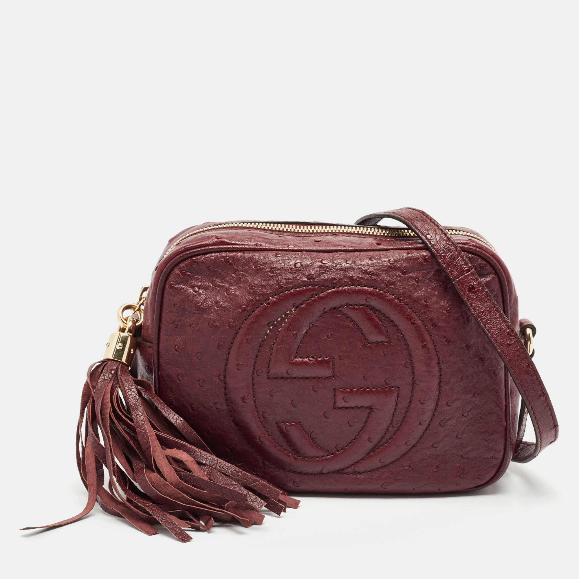 Gucci Burgundy Ostrich Leather Soho Disco Camera Crossbody Bag
Gucci Burgundy Ostrich Leather Soho Disco Camera Crossbody Bag