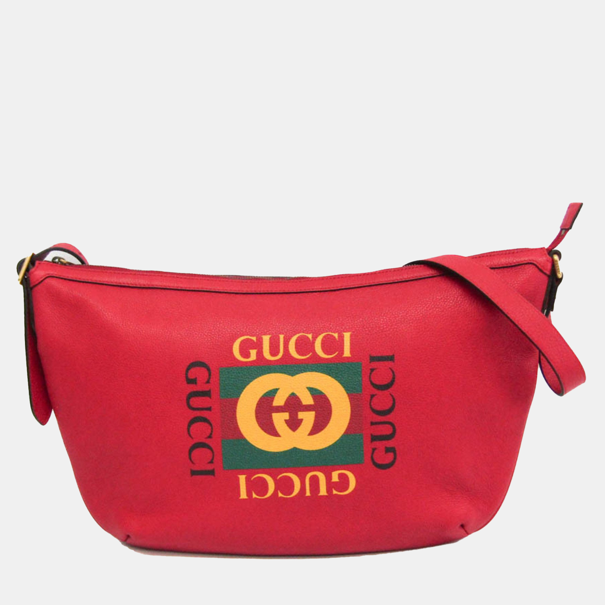 Gucci Red Leather Gucci Logo Half Moon Hobo Bag
