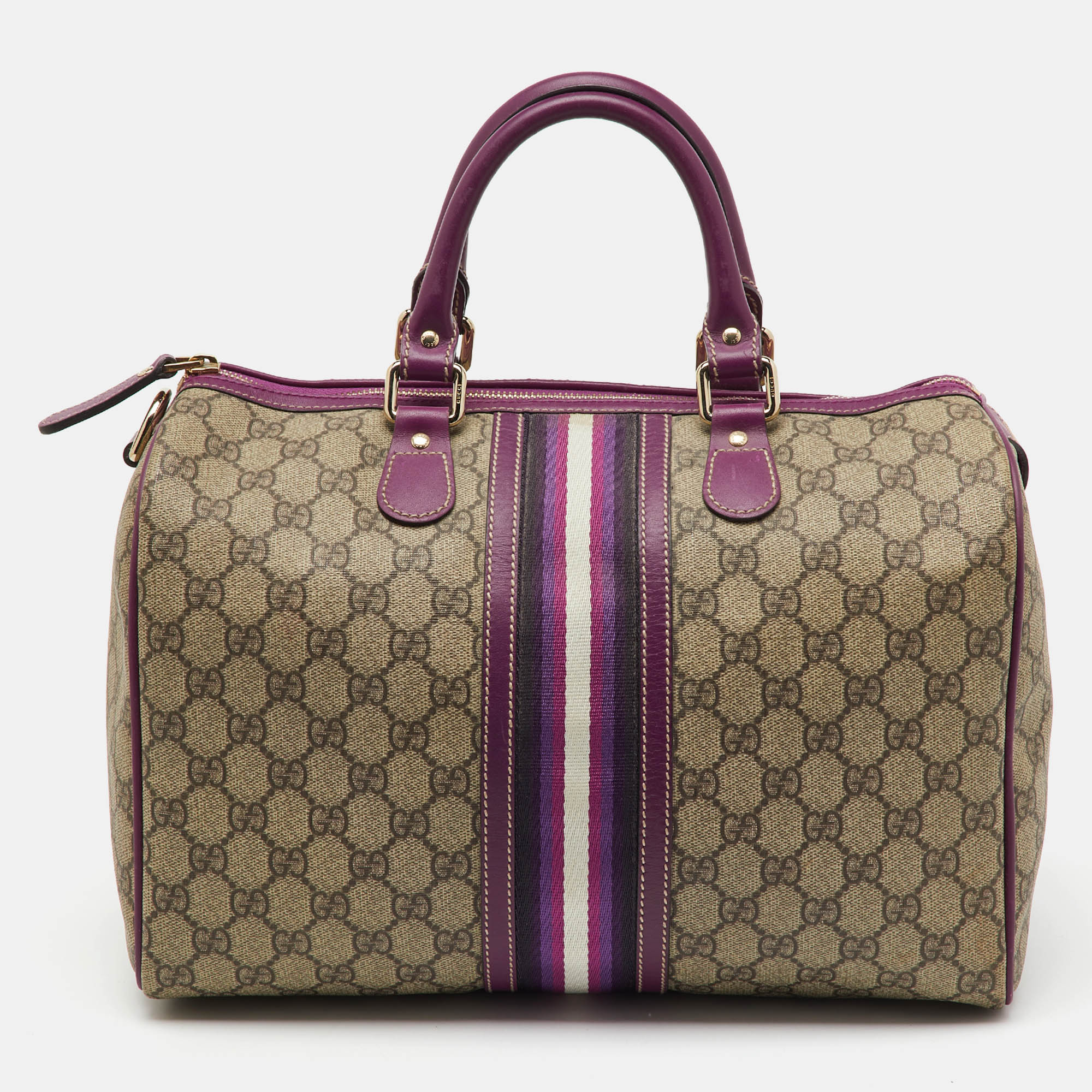 Gucci Beige/Purple GG Supreme Canvas Limited Edition Stripe Web Joy Boston Bag
Gucci Beige/Purple GG Supreme Canvas Limited Edition Stripe Web Joy Boston Bag