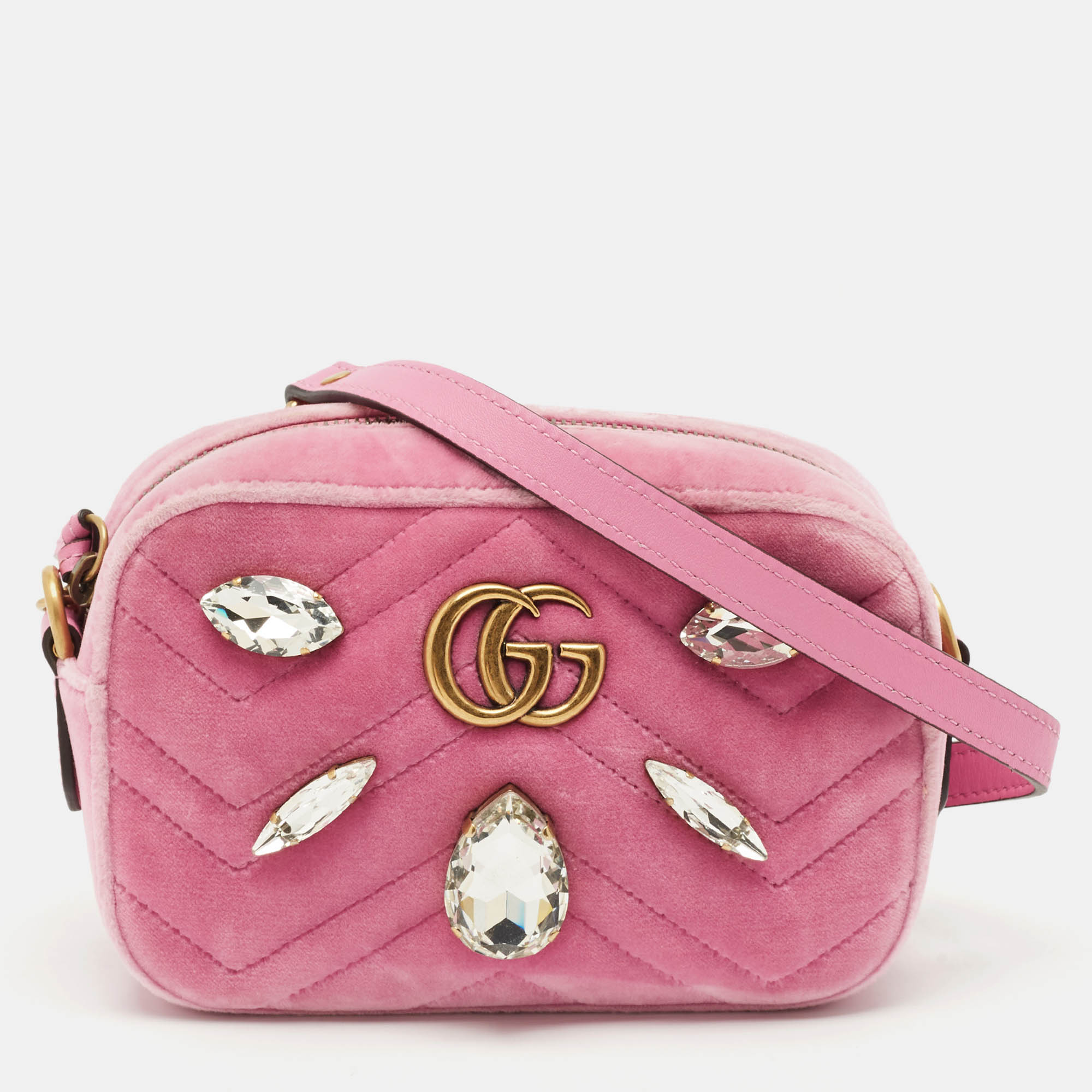 Gucci Pink Matelassé Velvet Mini Faux Diamond GG Marmont Camera Bag
Gucci Pink Matelassé Velvet Mini Faux Diamond GG Marmont Camera Bag