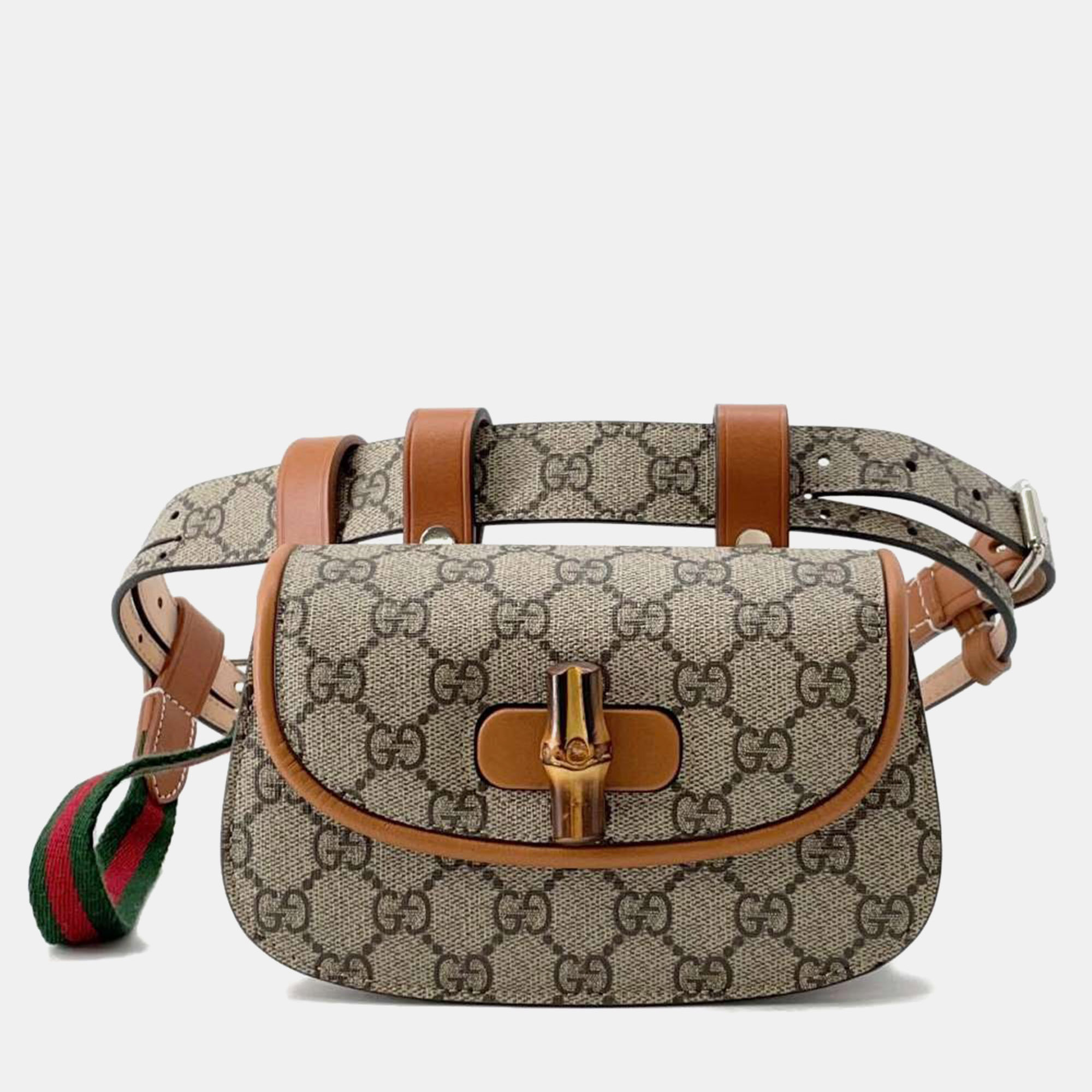 Gucci Beige & Brown PVC Leather GG Supreme Bamboo 1947 Mini Belt Bag
Gucci Beige & Brown PVC Leather GG Supreme Bamboo 1947 Mini Belt Bag