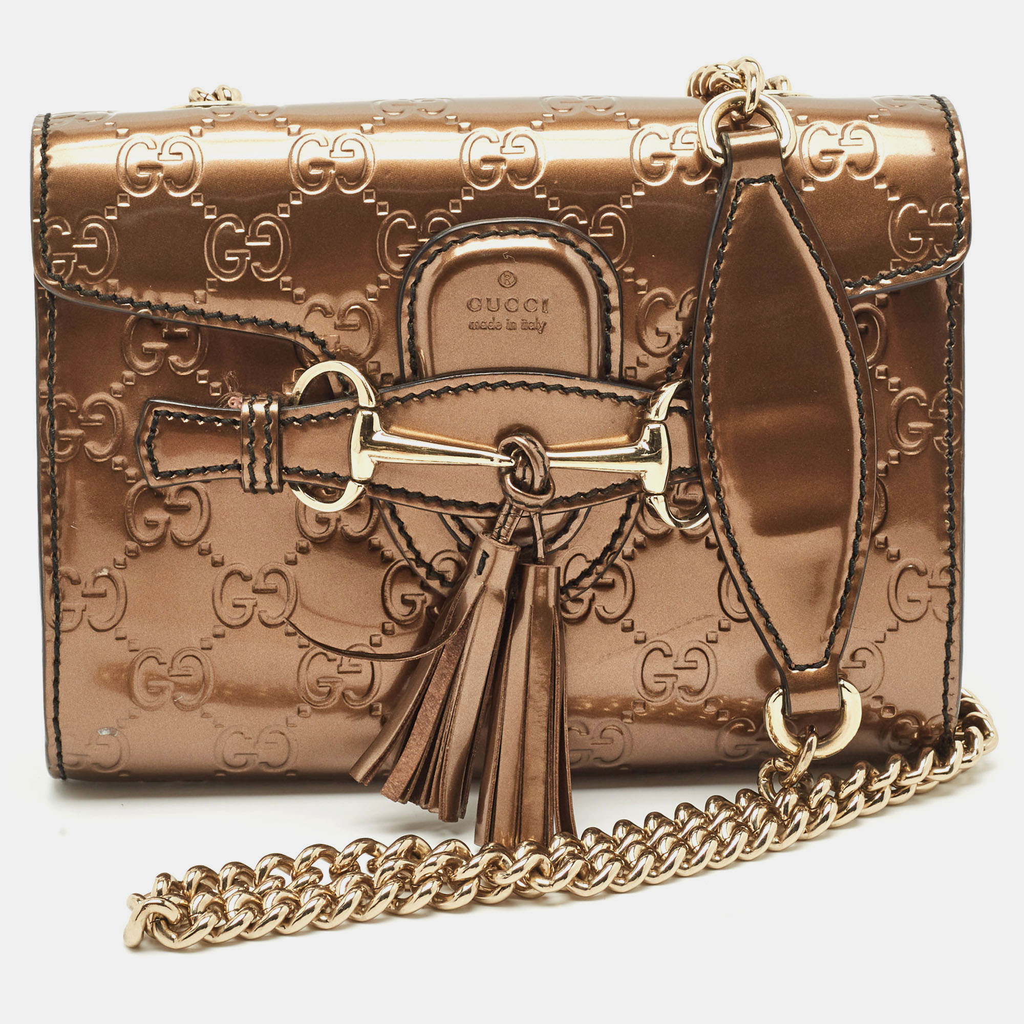 Gucci Bronze Guccissima Patent Leather Mini Emily Chain Shoulder Bag, Metallic
Gucci Bronze Guccissima Patent Leather Mini Emily Chain Shoulder Bag, Metallic