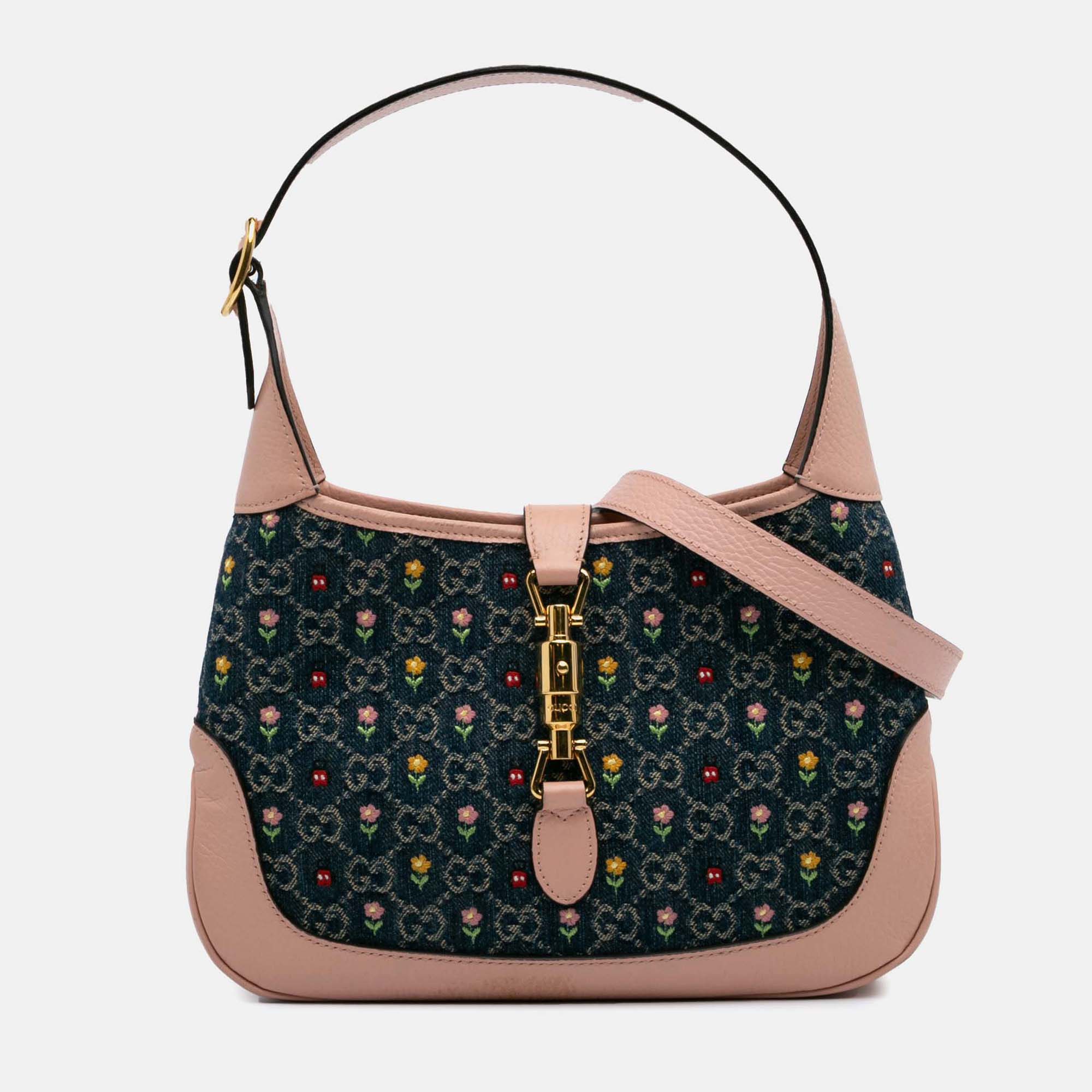 Gucci Blue Pink Small GG Embroidered Denim Floral Jackie 1961 Crossbody
Gucci Blue Pink Small GG Embroidered Denim Floral Jackie 1961 Crossbody