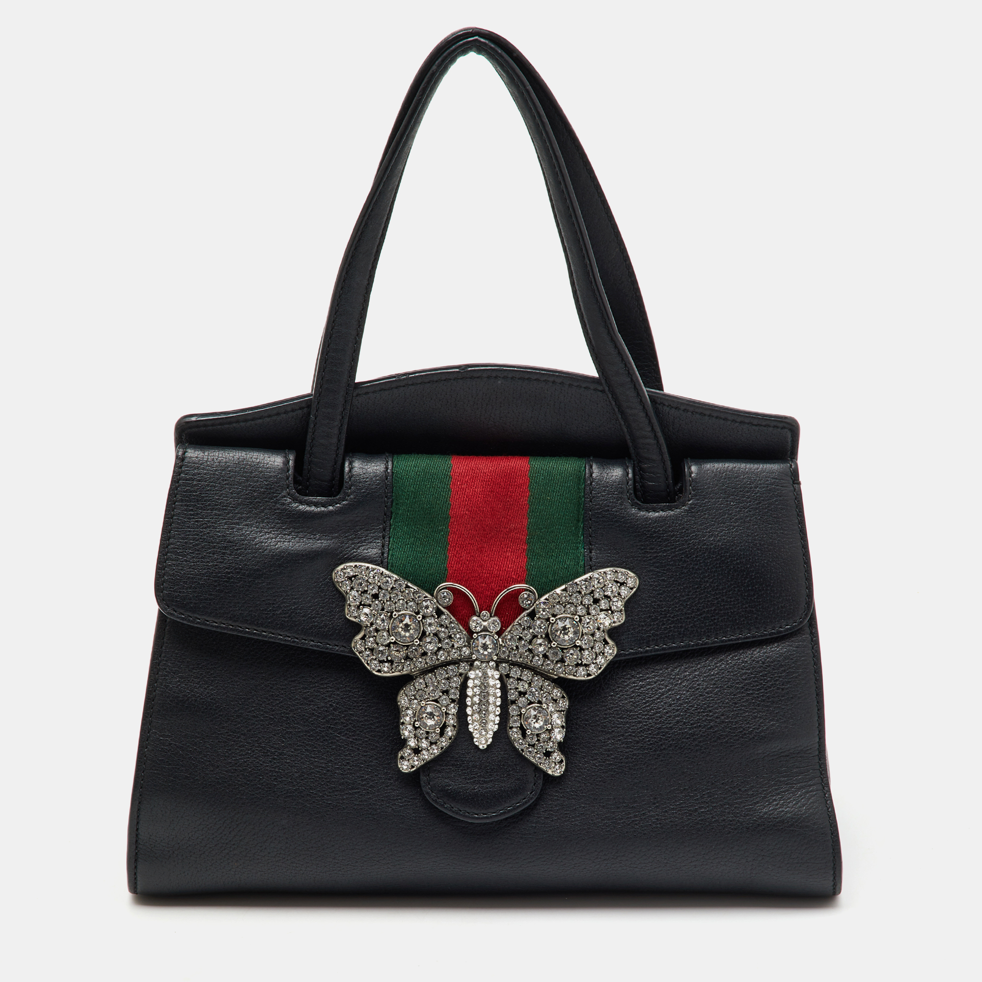 Gucci Black Leather Web Butterfly Embellished Linea Totem Tote
Gucci Black Leather Web Butterfly Embellished Linea Totem Tote
