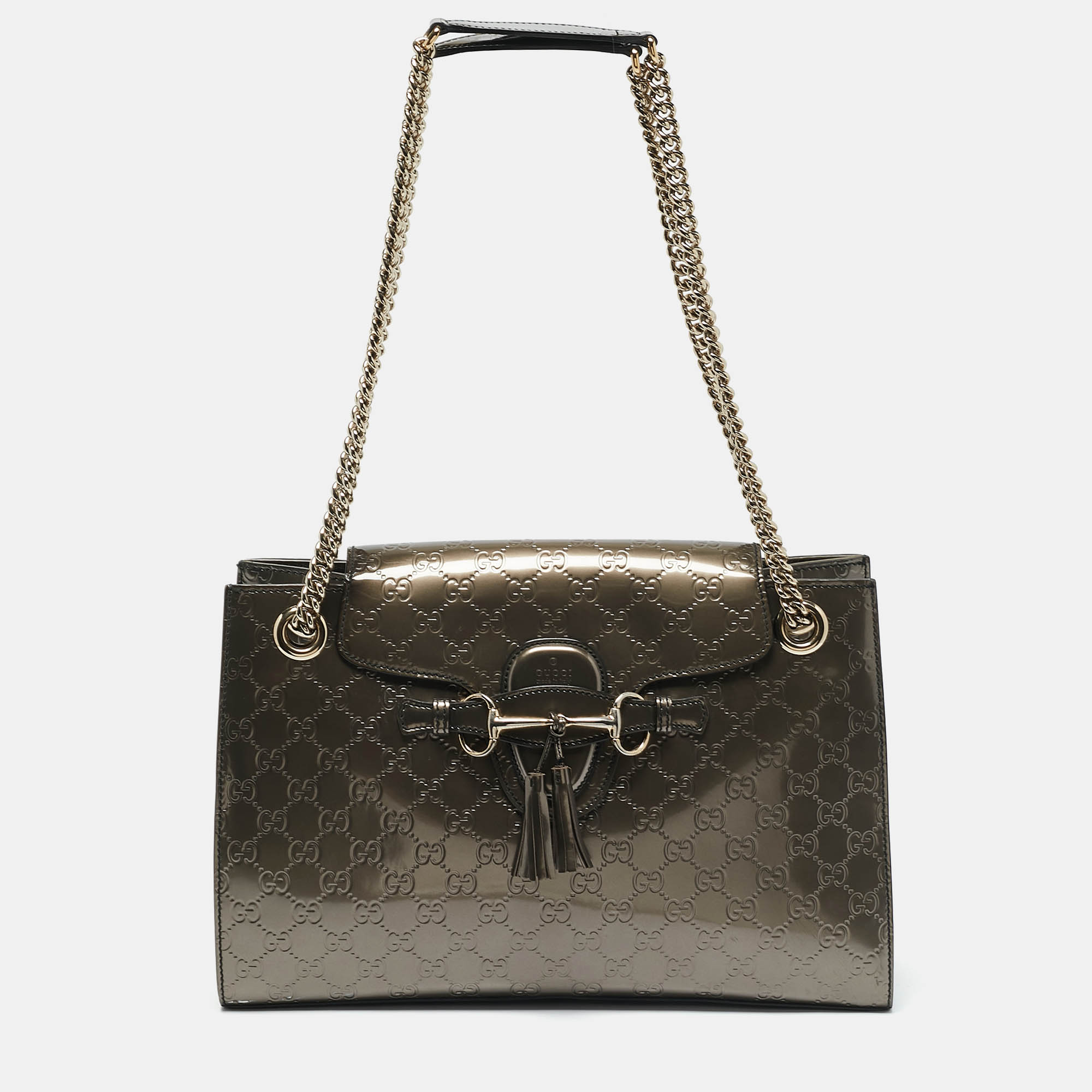 Gucci Metallic Guccissima Patent Leather Emily Chain Shoulder Bag
Gucci Metallic Guccissima Patent Leather Emily Chain Shoulder Bag