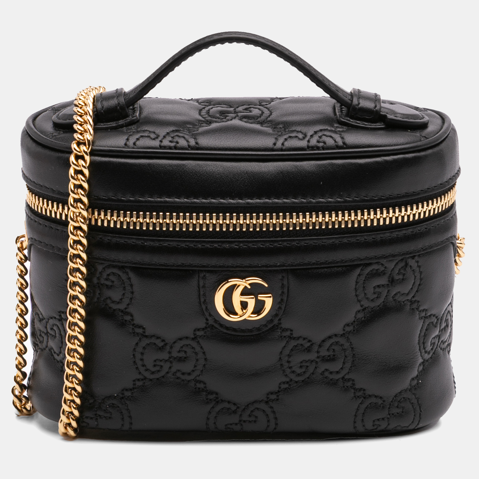Gucci Black Mini GG Marmont Matelasse Leather Top Handle Vanity Chain Bag
Gucci Black Mini GG Marmont Matelasse Leather Top Handle Vanity Chain Bag