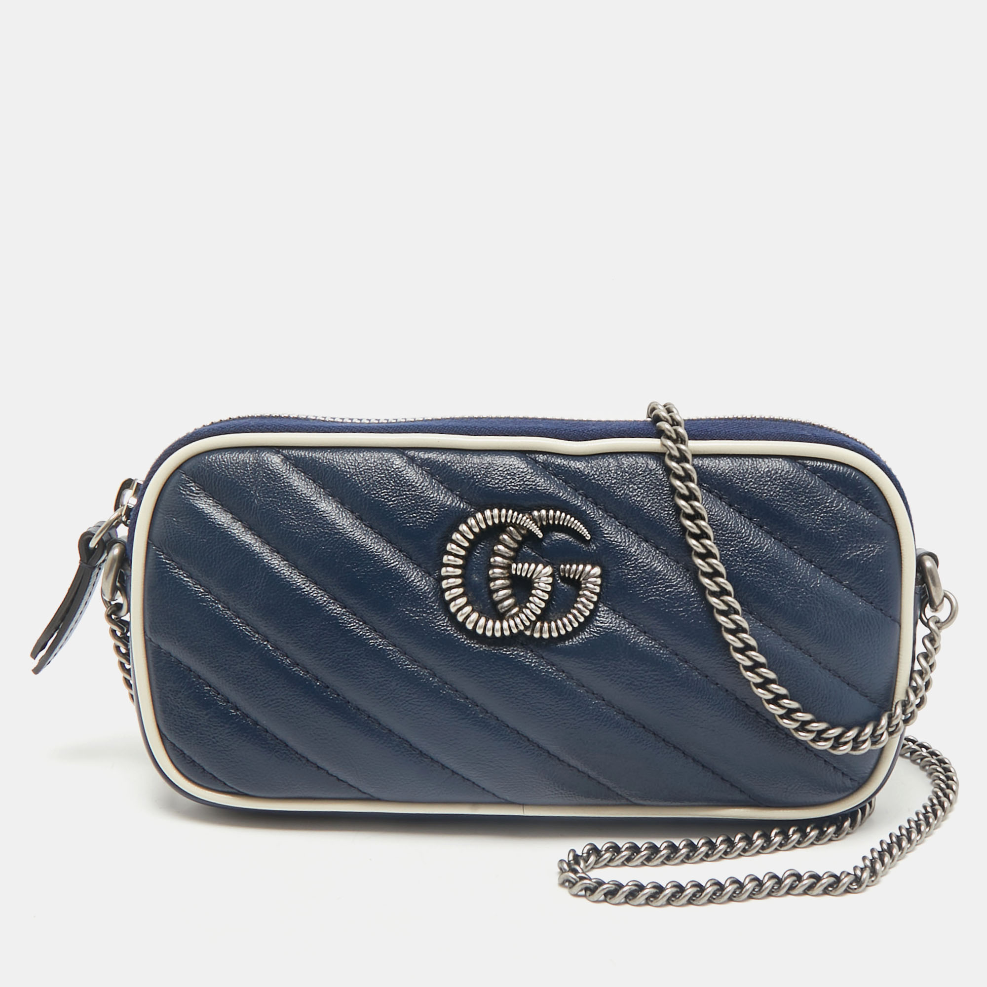 Gucci Blue Diagonal Quilt Leather Mini GG Marmont Torchon Crossbody Bag
Gucci Blue Diagonal Quilt Leather Mini GG Marmont Torchon Crossbody Bag