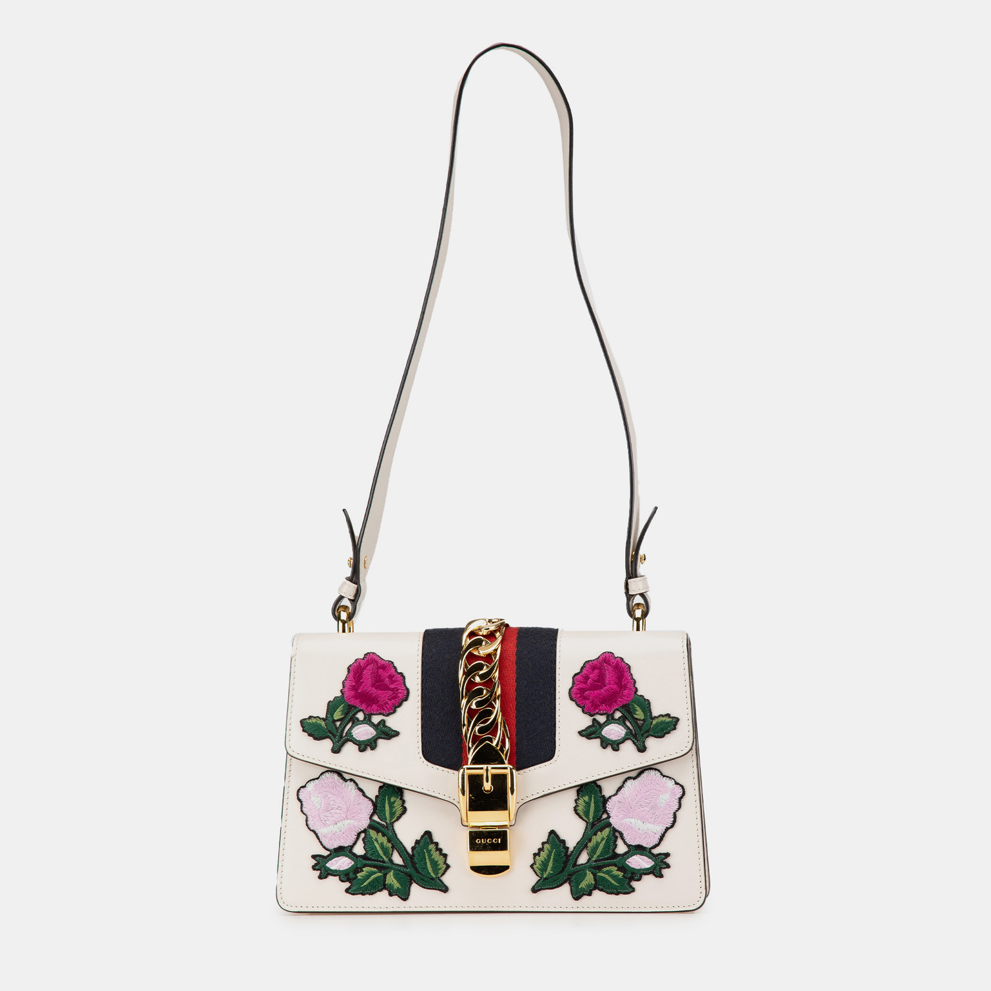 Gucci White Small Floral Embroidered Leather Sylvie Crossbody
Gucci White Small Floral Embroidered Leather Sylvie Crossbody