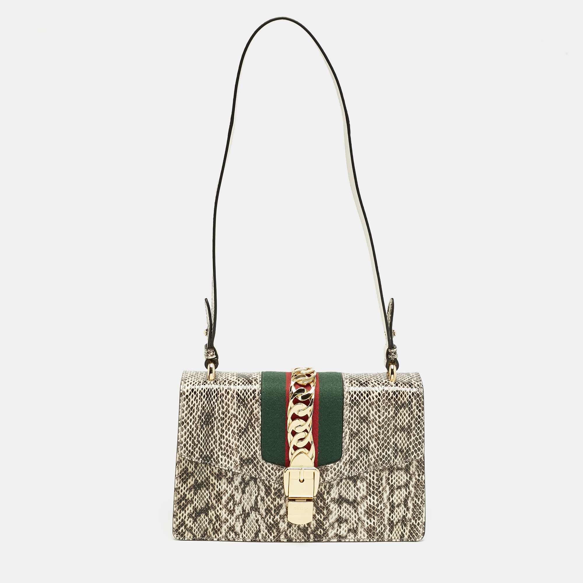 Gucci Black/White Watersnake Leather Small Web Chain Sylvie Shoulder Bag
Gucci Black/White Watersnake Leather Small Web Chain Sylvie Shoulder Bag