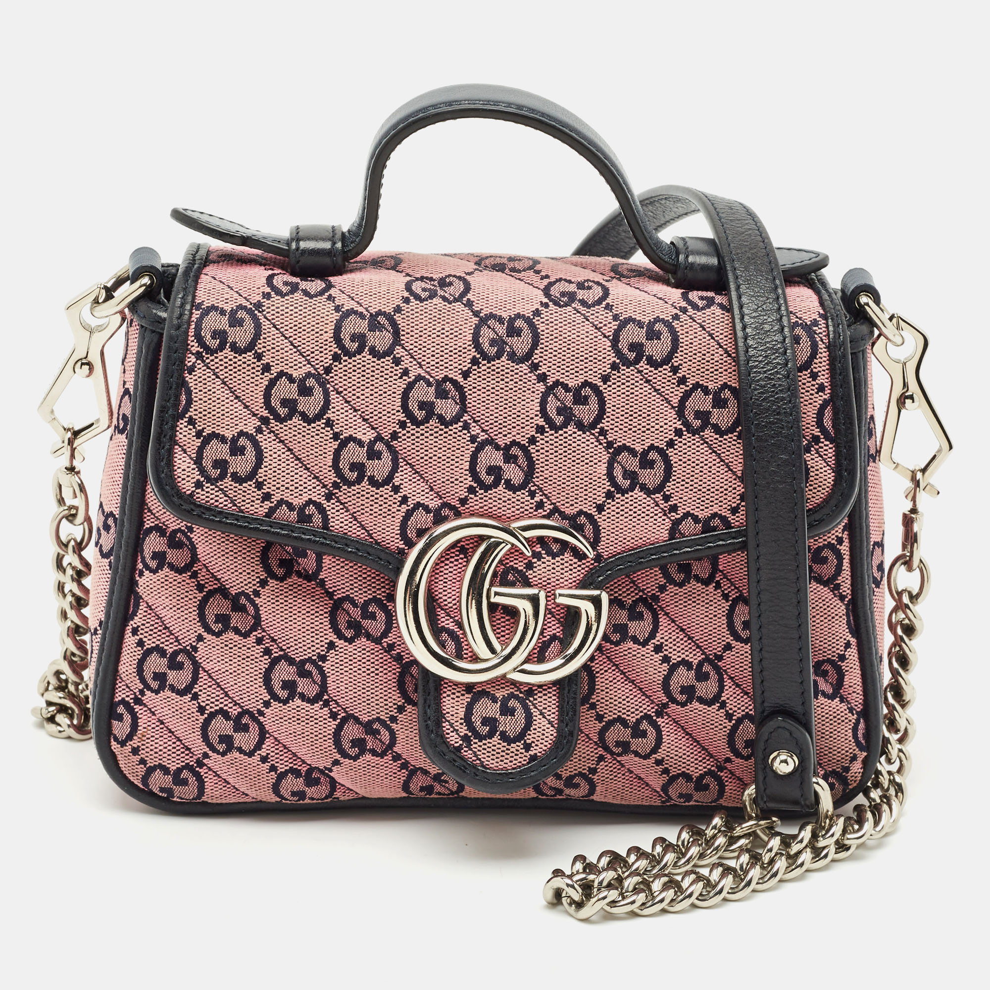 Gucci Pink/Navy Blue Diagonal Matelassé GG Canvas Mini GG Marmont Top Handle Bag
Gucci Pink/Navy Blue Diagonal Matelassé GG Canvas Mini GG Marmont Top Handle Bag