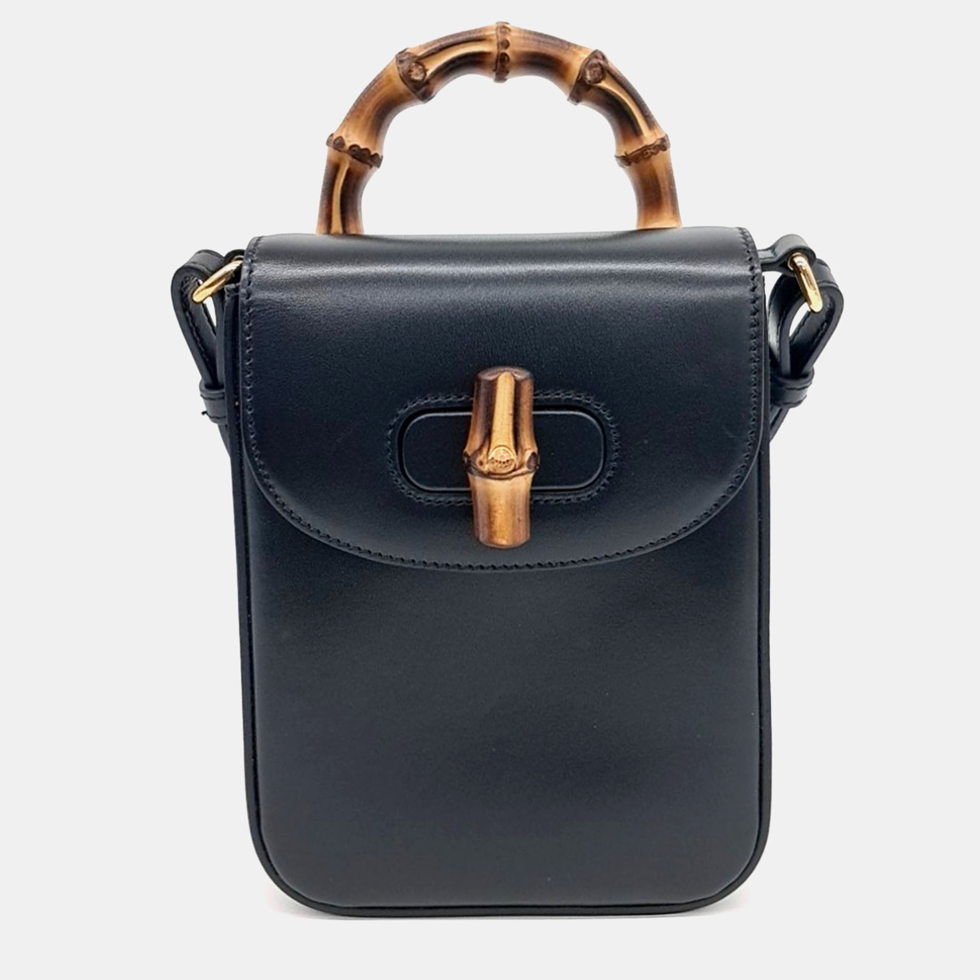 Gucci Black Leather Bamboo Mini Tote and Crossbody Bag